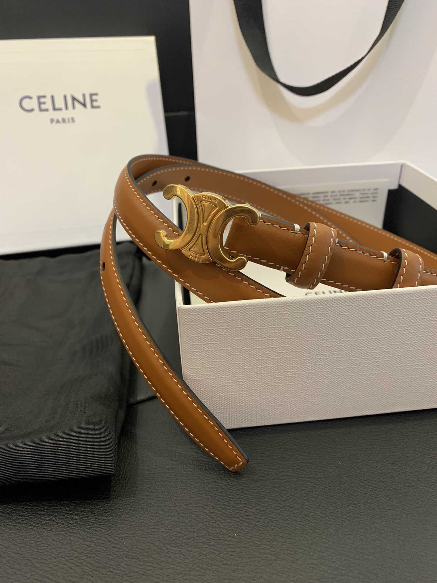 Celine-Triomphe Belt in Taurillon Leather