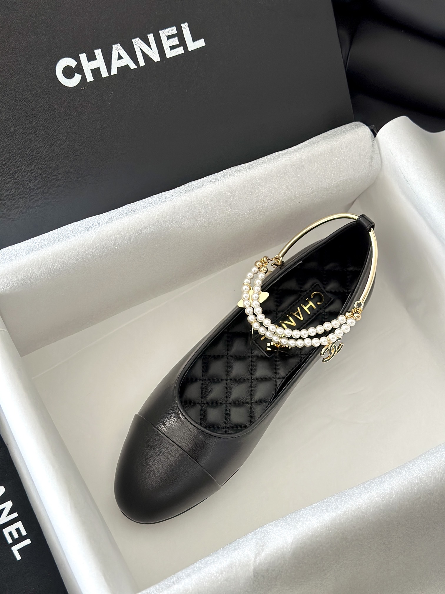 Chanel Leather Flat Black 'Pearl Embellished'