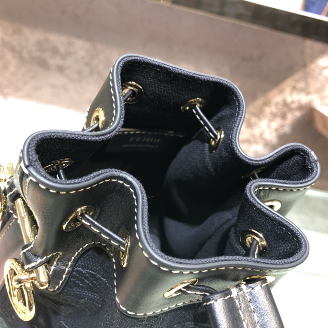 FENDI-Black Denim FF Logo Embroidered Bucket Bag