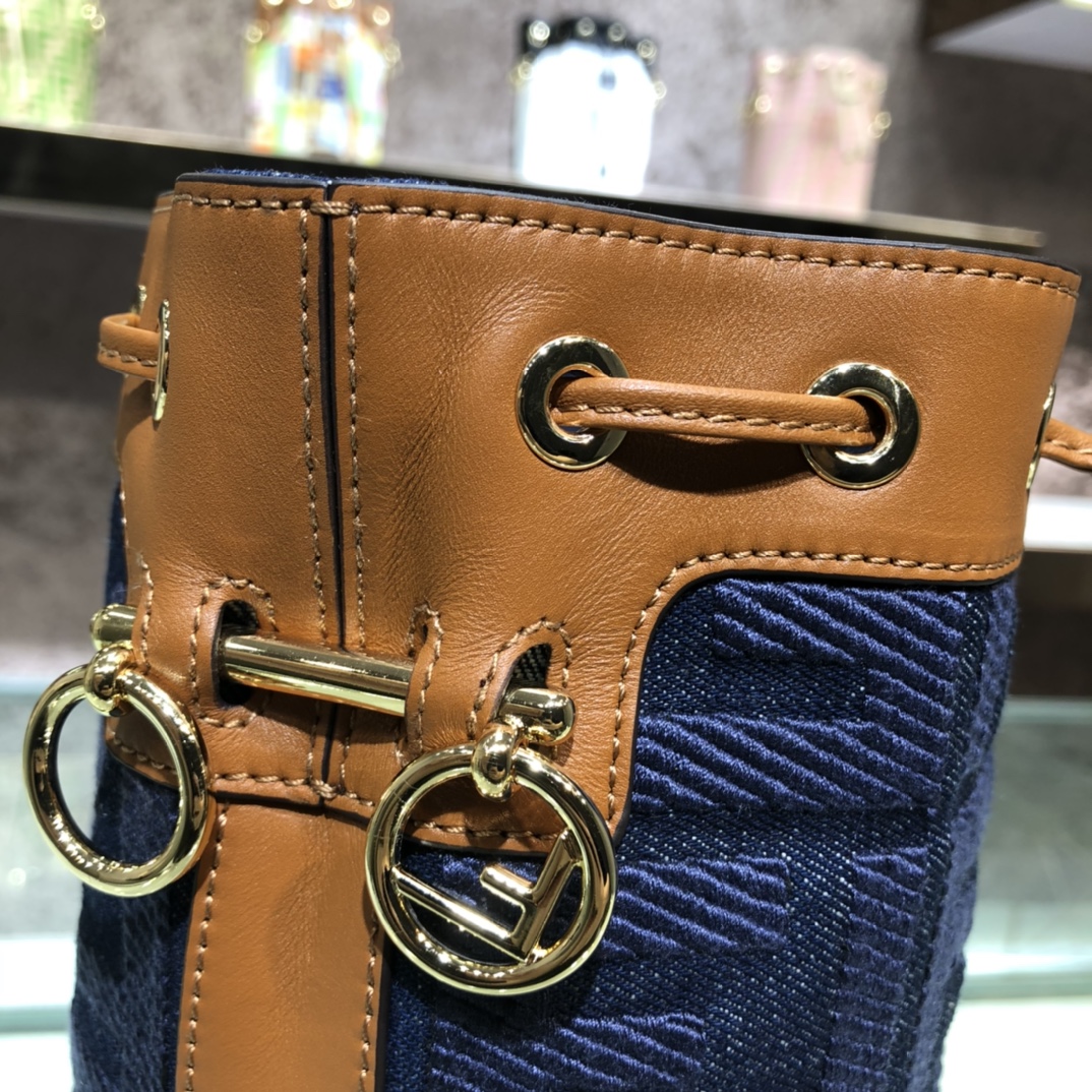 FENDI-Blue Denim FF Logo Embroidered Bucket Bag