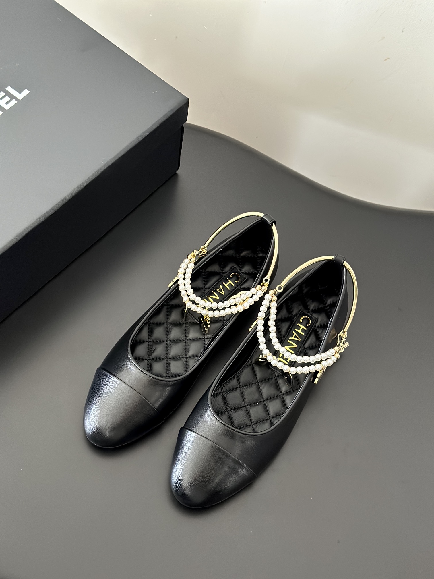 Chanel Leather Flat Black 'Pearl Embellished'