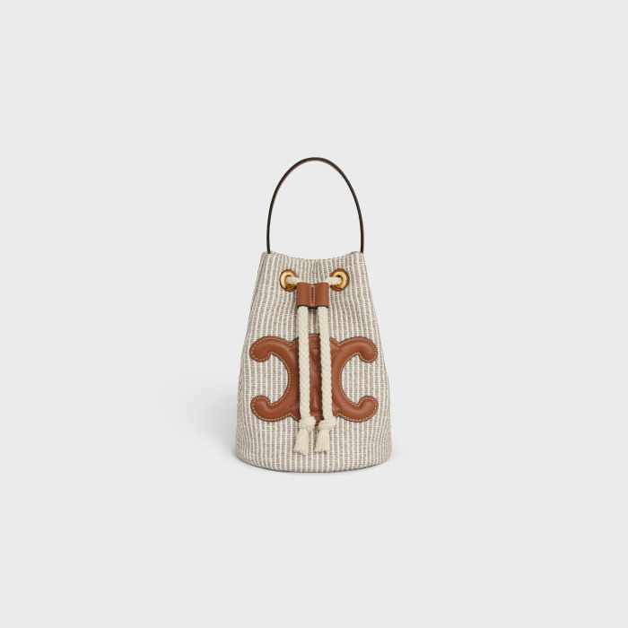 TEEN DRAWSTRING IN STRIPED TEXTILE AND CALFSKIN BEIGE