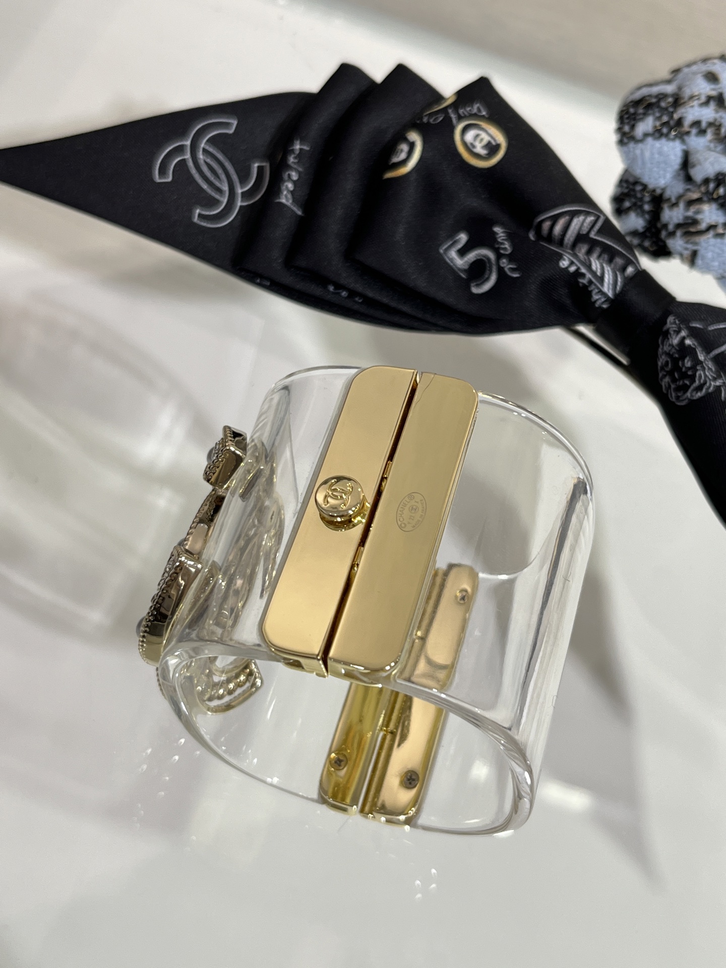 Chanel Pearl & Rhinestone Double C Transparent Resin Cuff Bracelet
