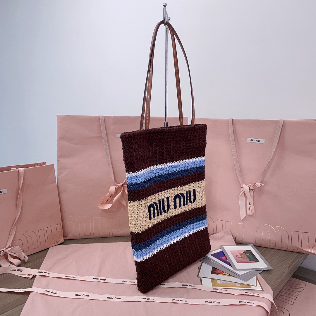 MiuMiu-Raffia-effect woven tote bag -Cocoa Brown
