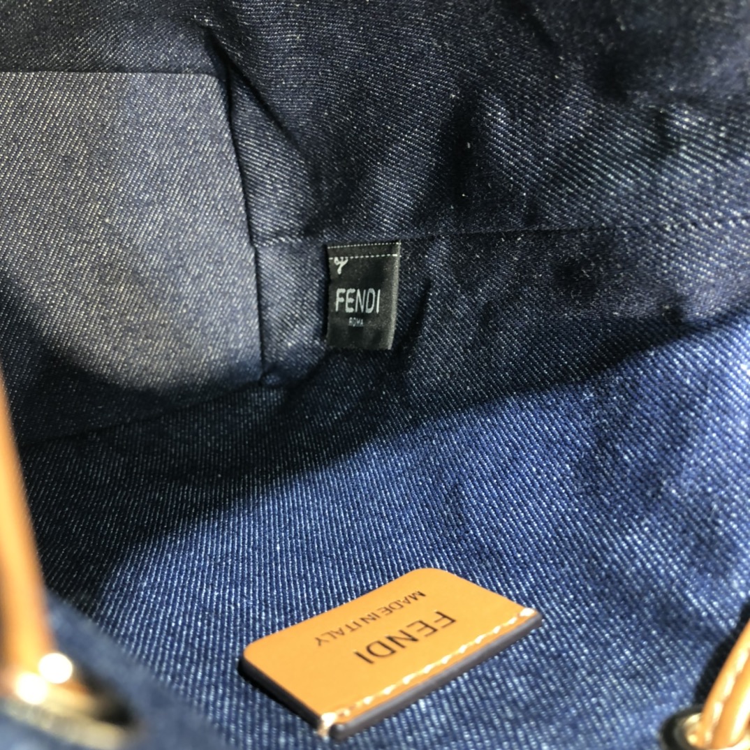 FENDI-Blue Denim FF Logo Embroidered Bucket Bag