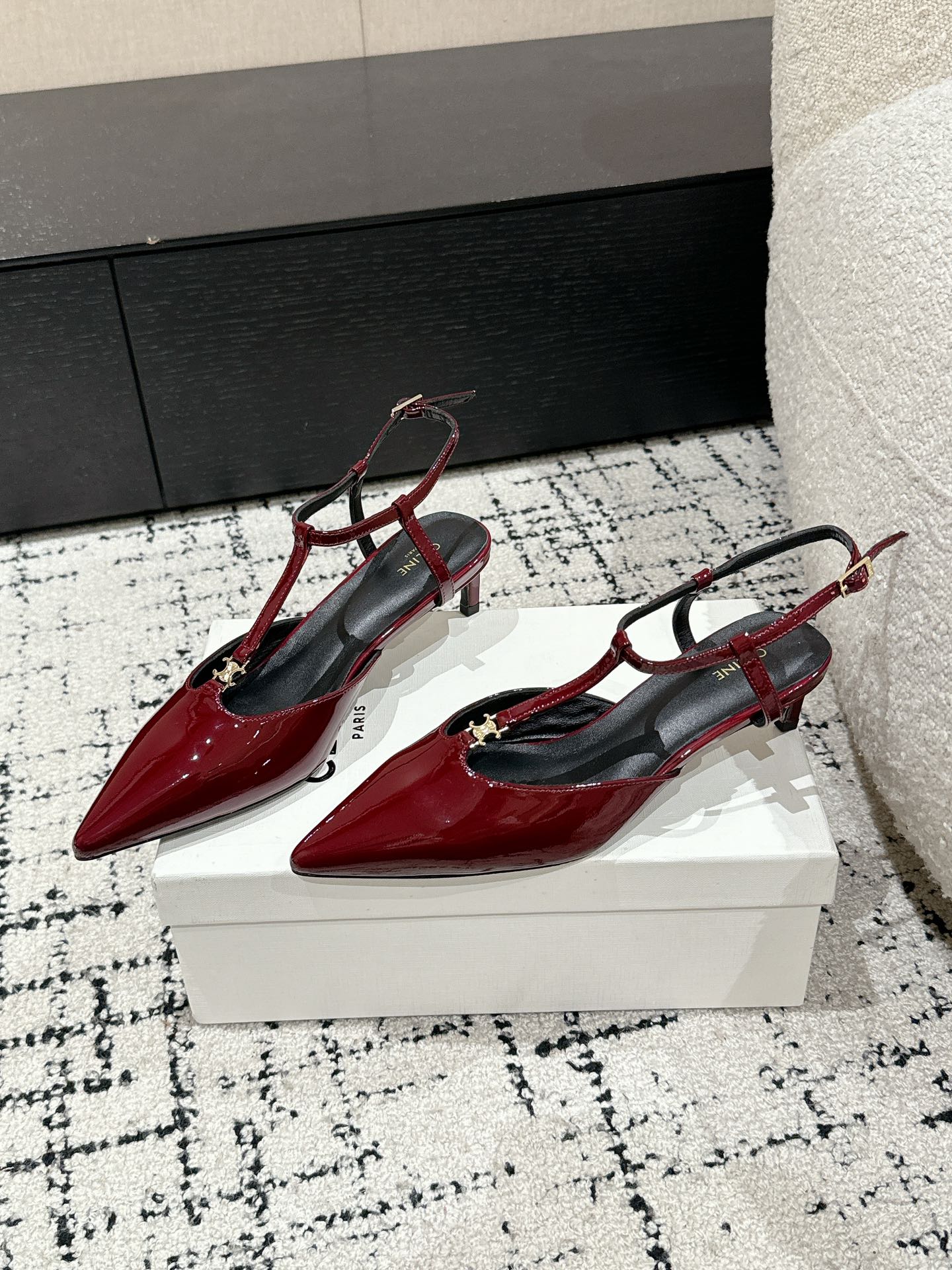 Celine Triomphe Pointed-Toe Kitten Heel Sandals