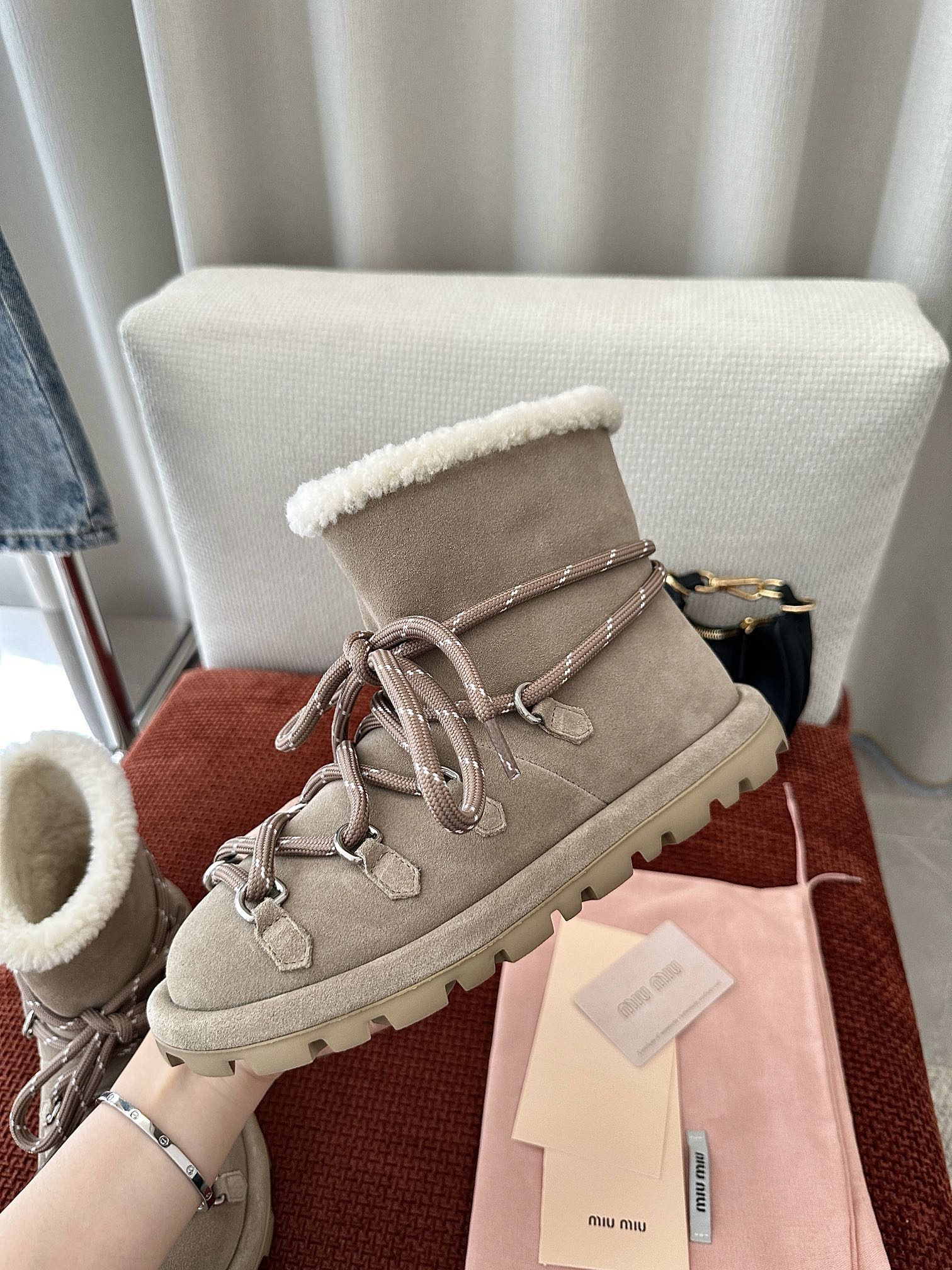 🍓 MIU MIU 24 New Lace-Up Wool Snow Boots