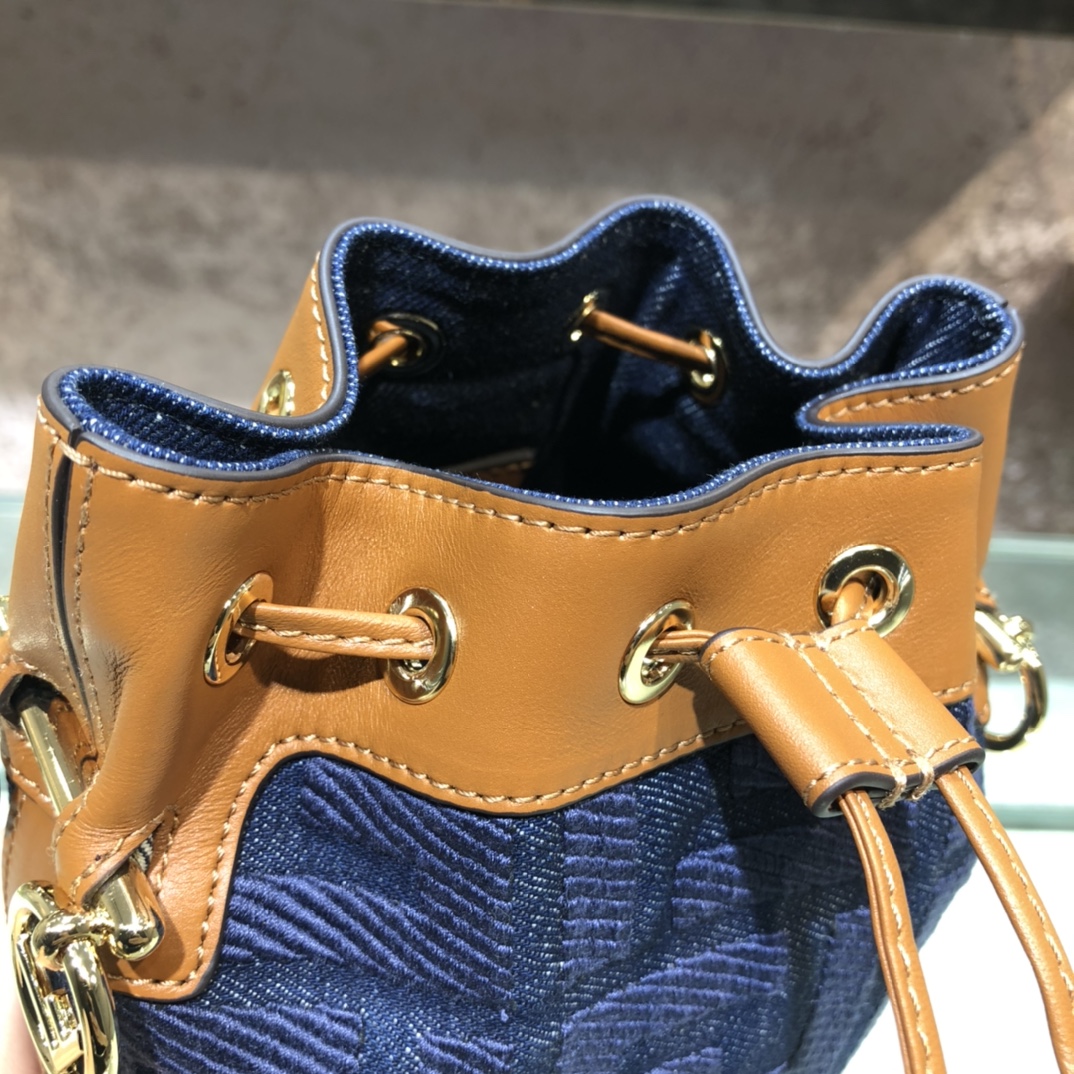 FENDI-Blue Denim FF Logo Embroidered Bucket Bag