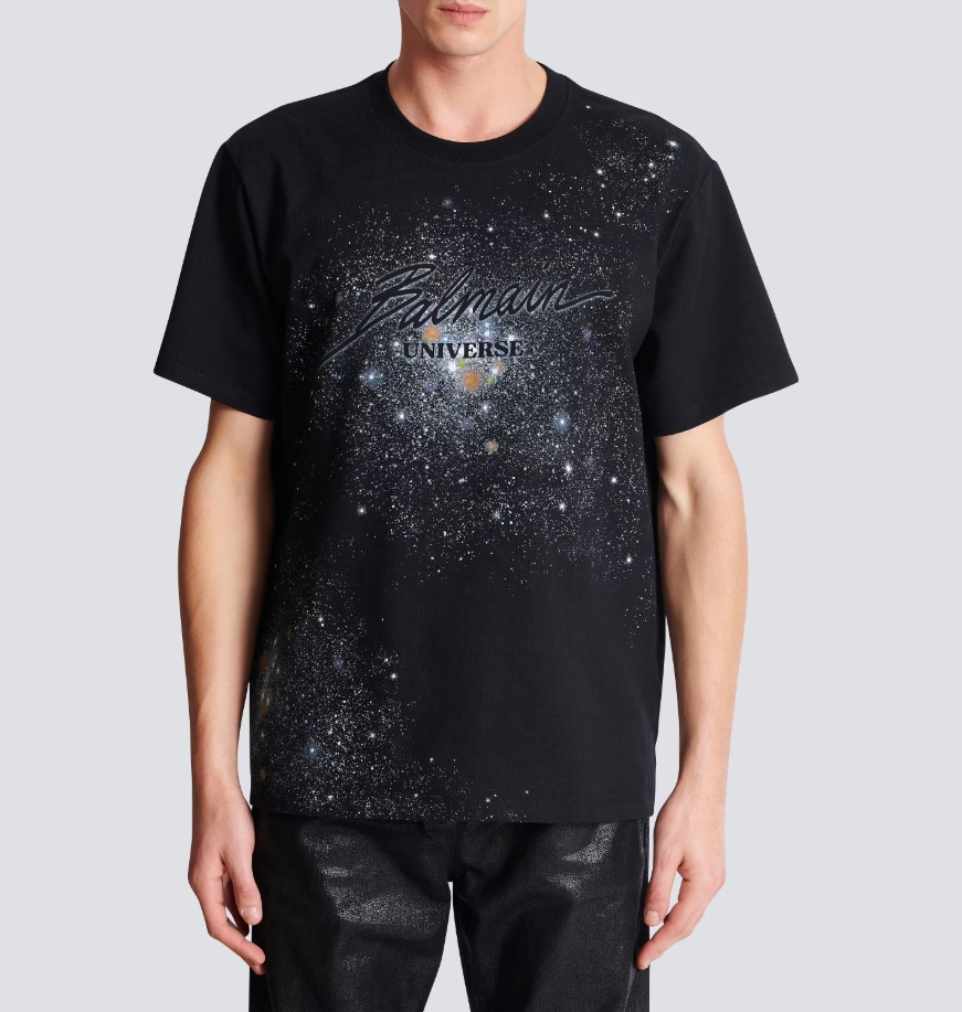 Printed Balmain Universe logo and stars T-shirt