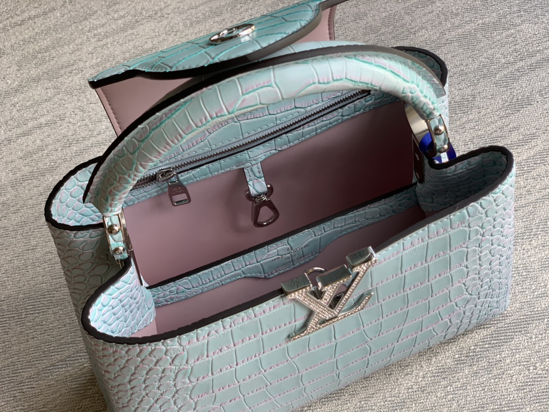 CAPUCINES-blue silk rose diamond buckle crocodile pattern