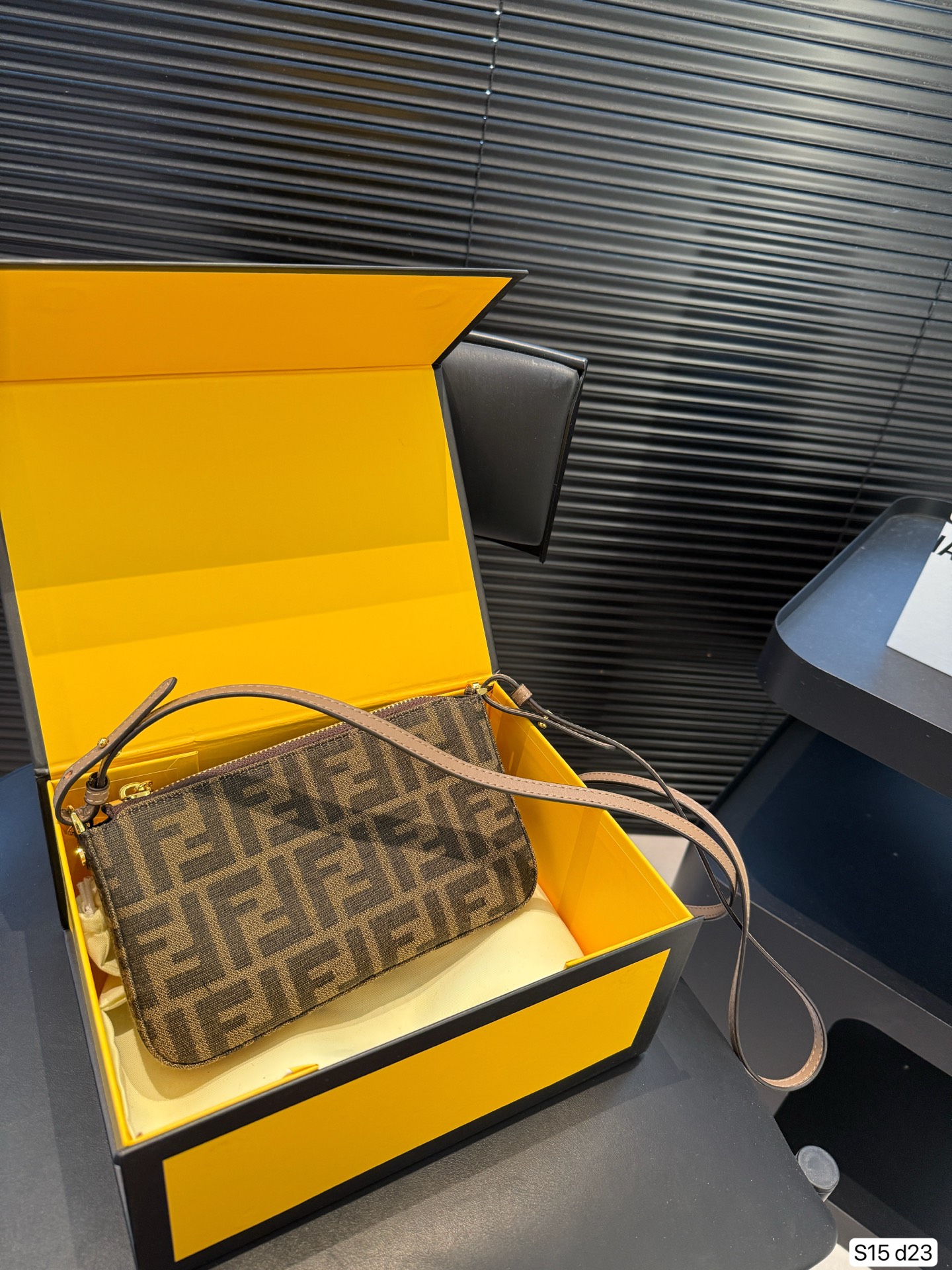 Fendi Baguette Pouch Brown jacquard FF fabric clutch with chain