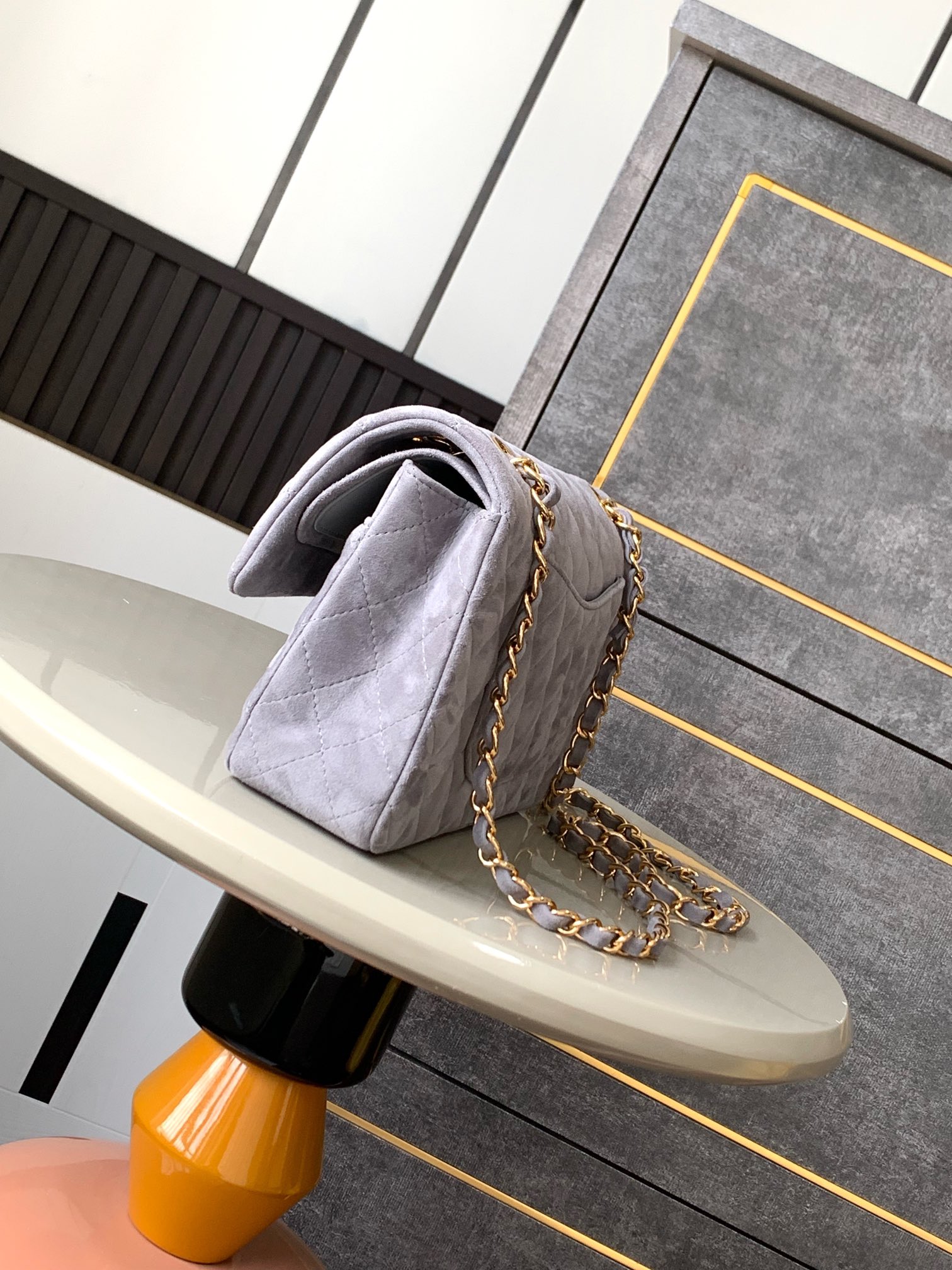 CHANEL Suede Chain Shoulder Bag – Smoky Gray