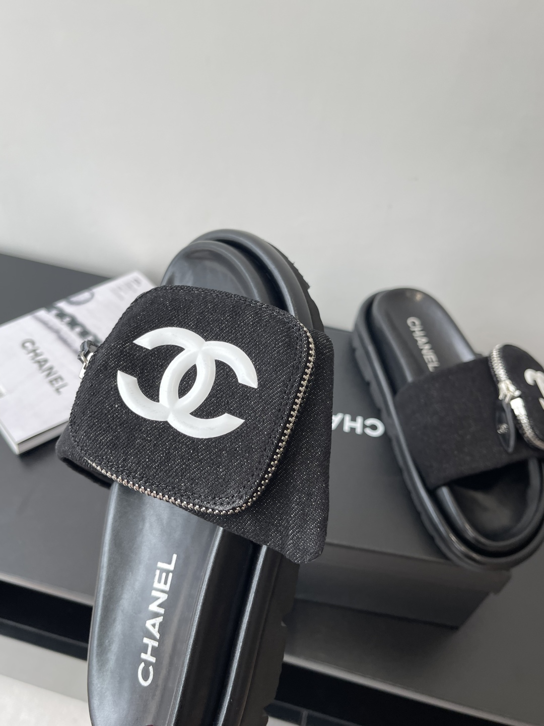 CHANEL Summer Denim Velcro Puffy Slides