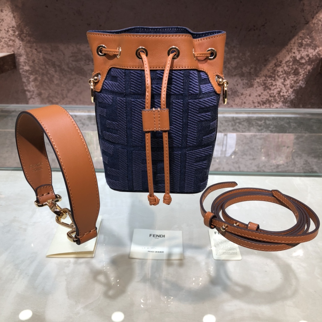 FENDI-Blue Denim FF Logo Embroidered Bucket Bag