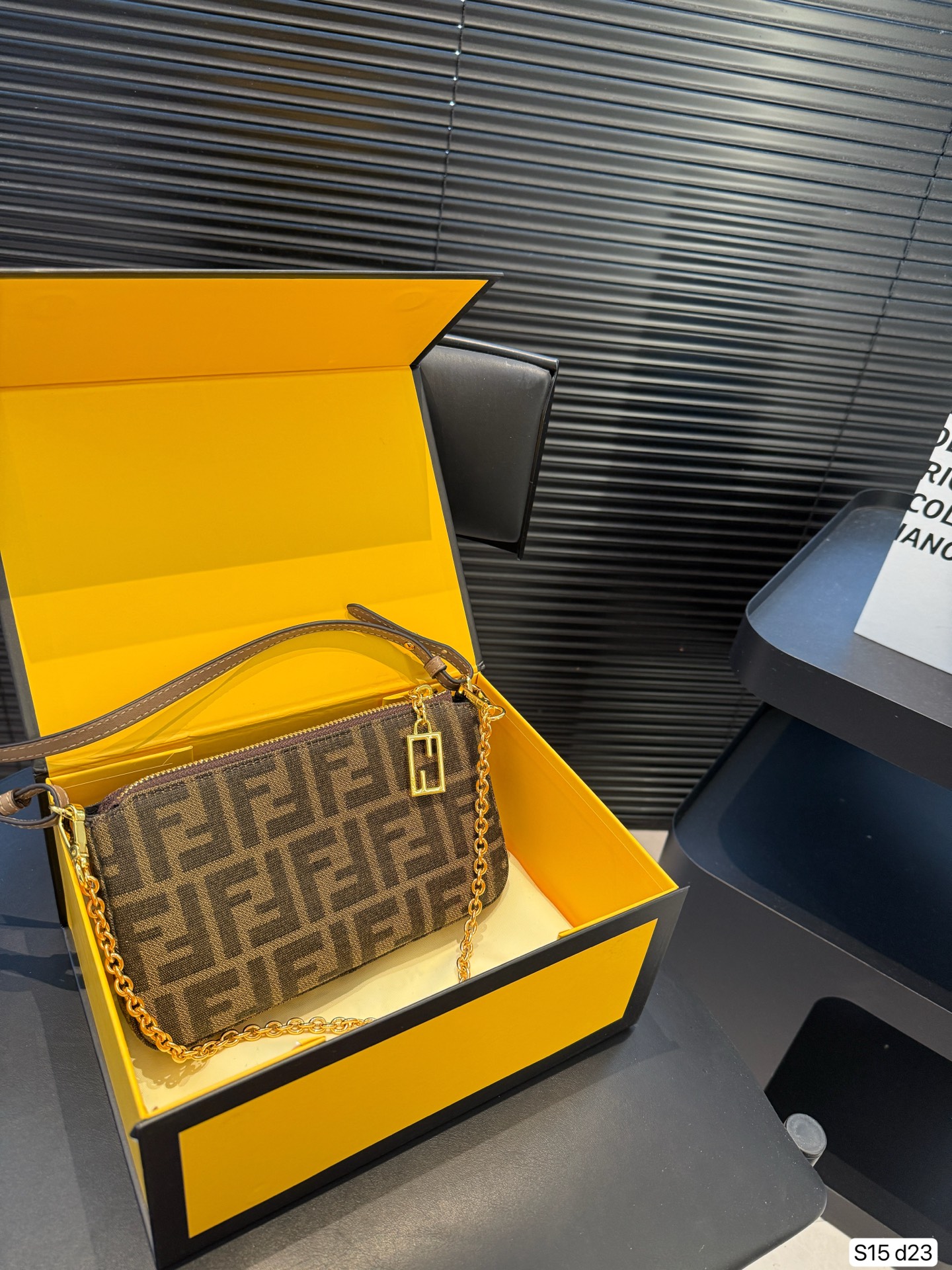 Fendi Baguette Pouch Brown jacquard FF fabric clutch with chain