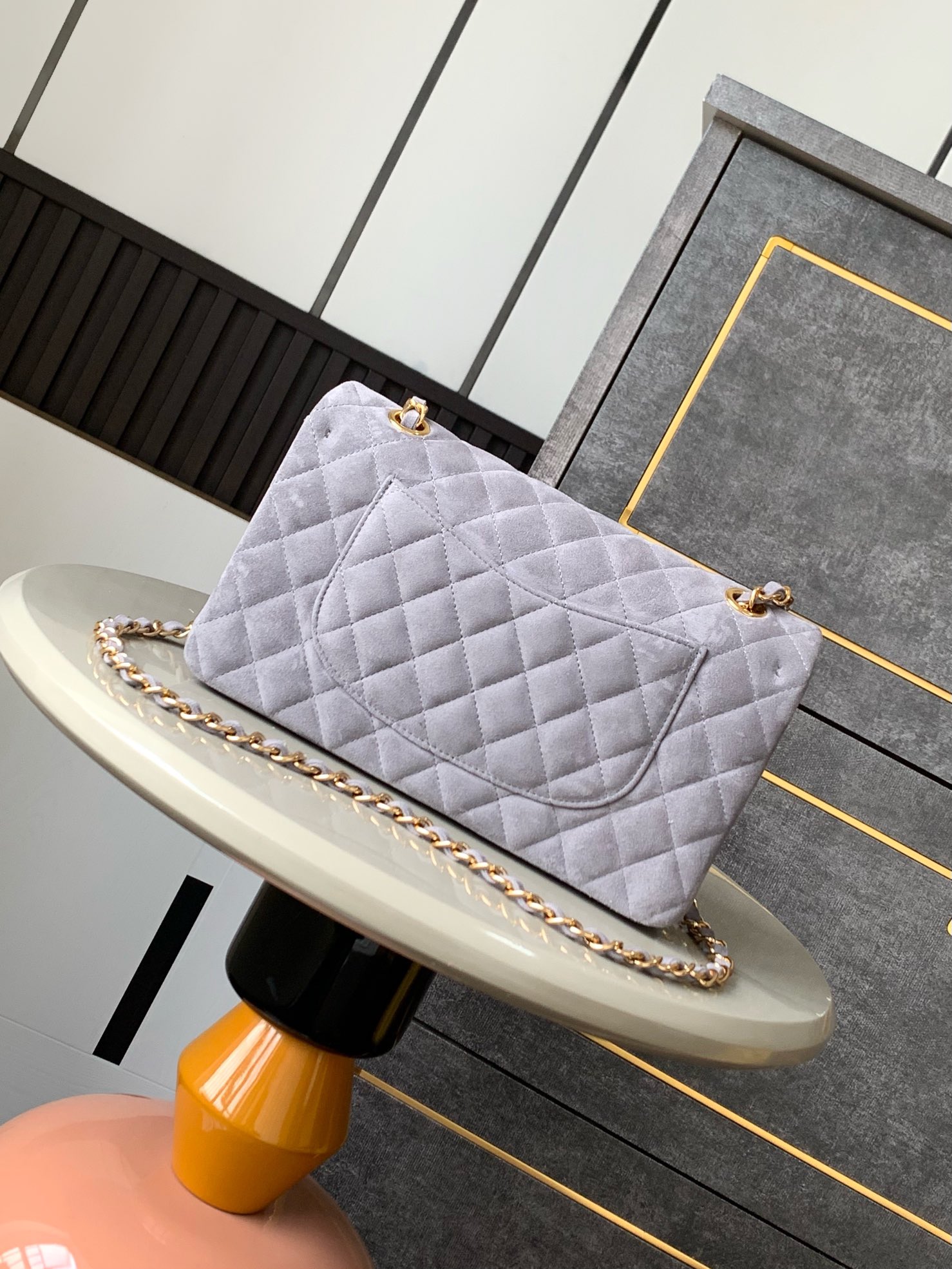 CHANEL Suede Chain Shoulder Bag – Smoky Gray