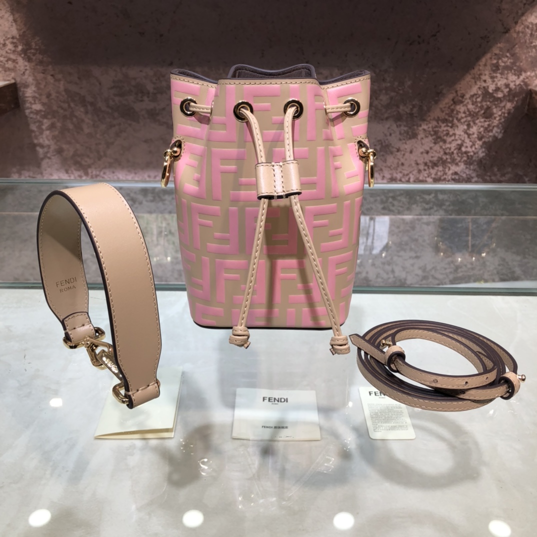 FENDI-Calfskin FF Logo Bucket Bag-Pink