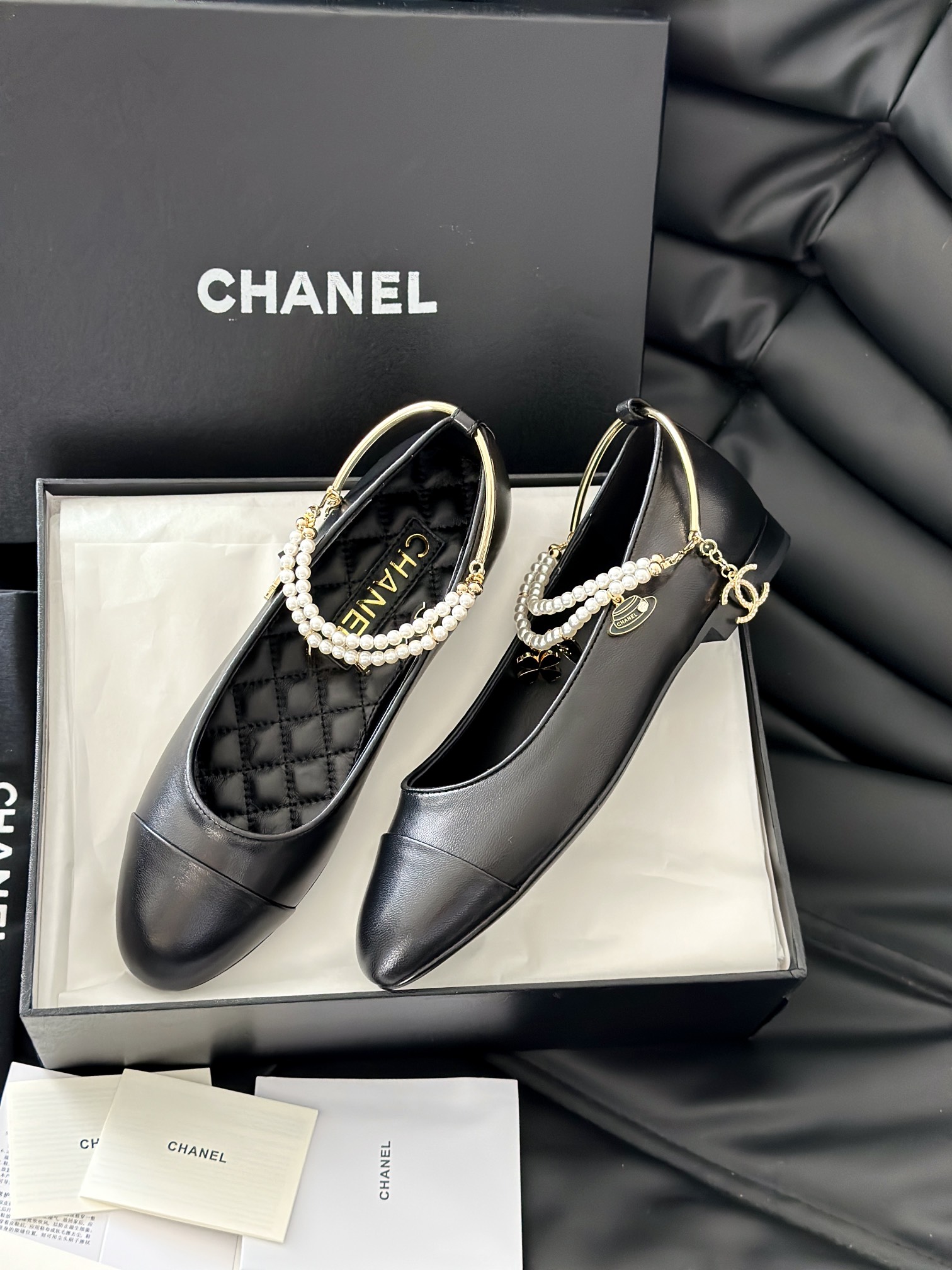 Chanel Leather Flat Black 'Pearl Embellished'