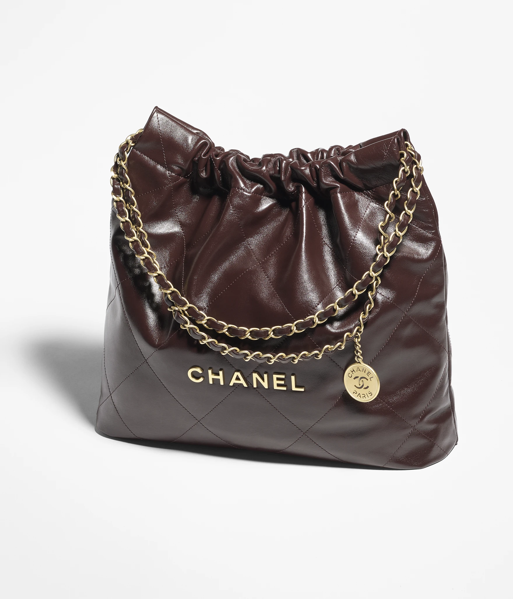 CHANEL 22 Handbag Shiny Calfskin & Gold-Tone Metal Dark Brown