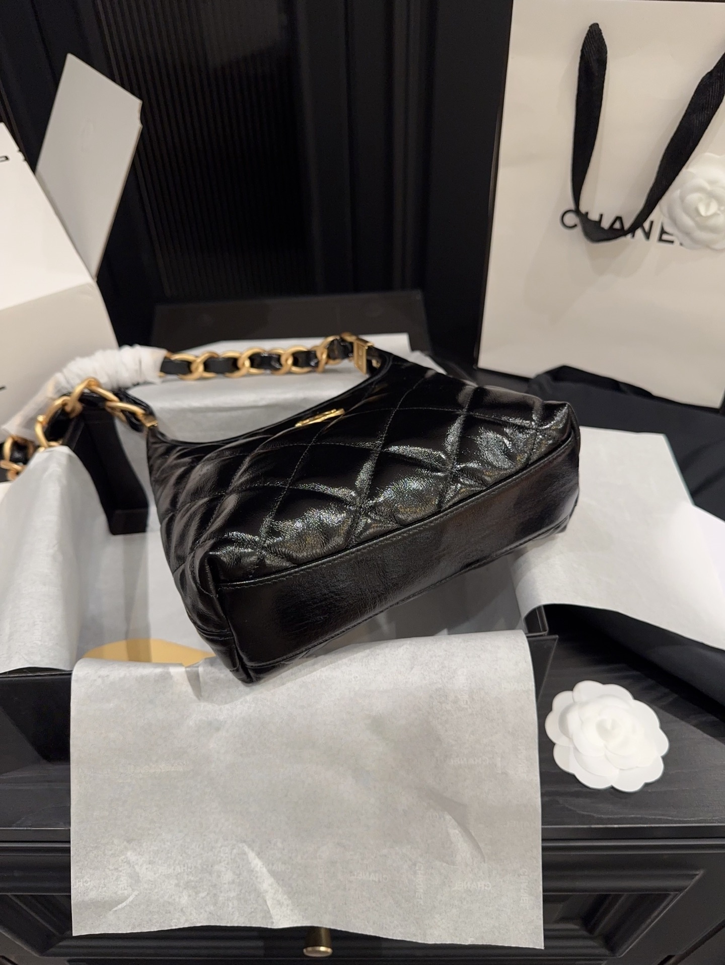 Chanel 24A Chain Hobo Bag Black