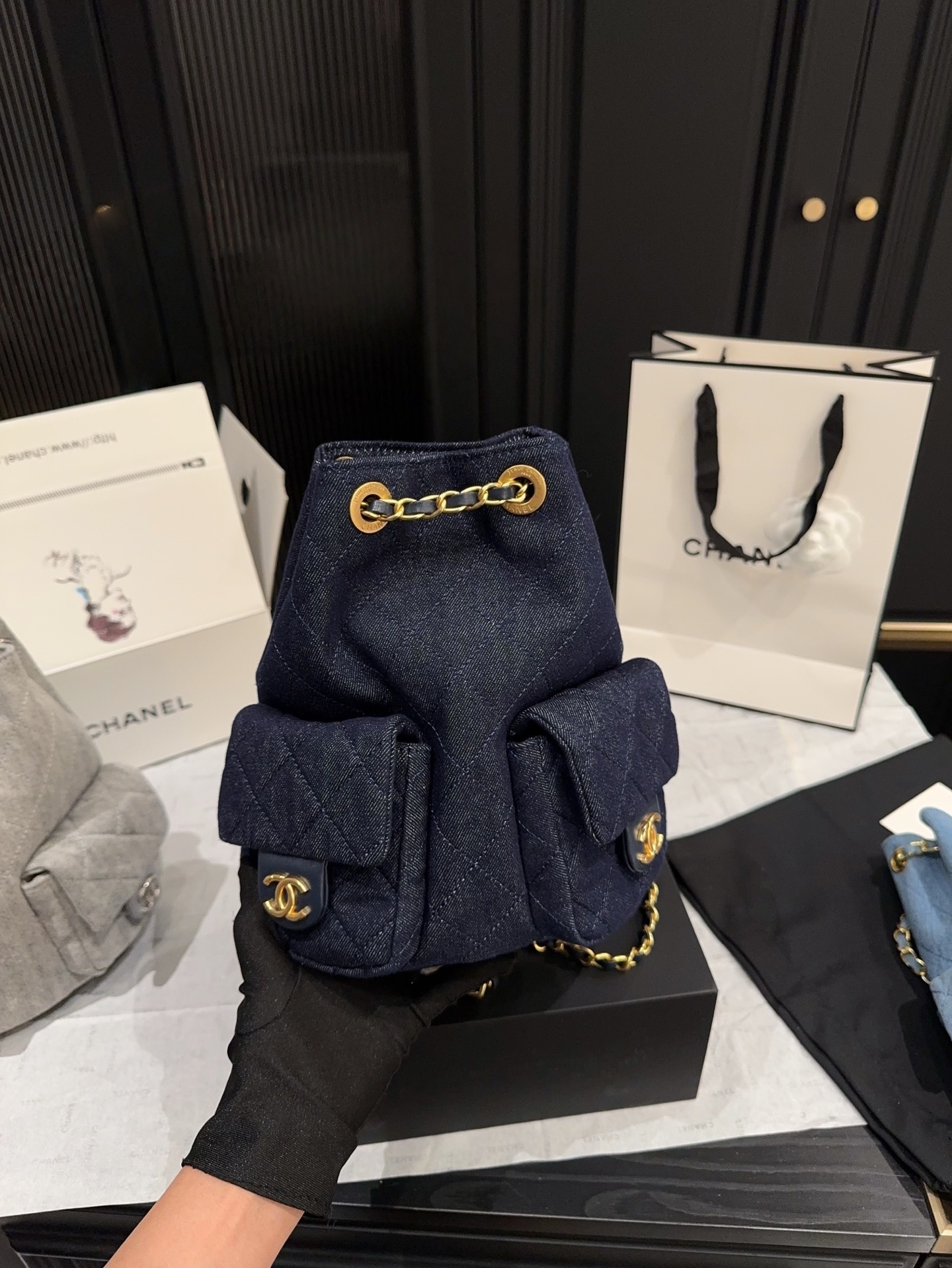 Chanel Leather Backpack Women's Dark Blue