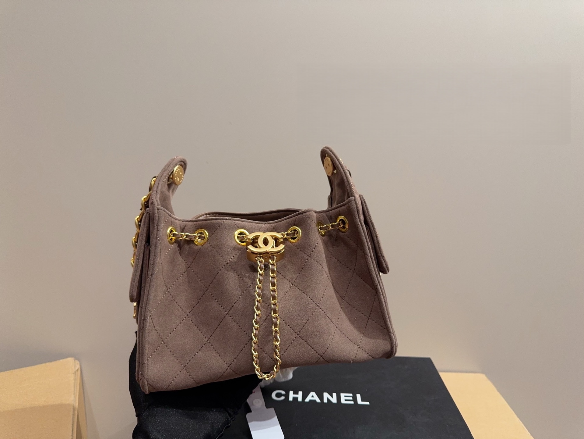 CHANEL 25A Suede Drawstring Hobo Bucket Bag