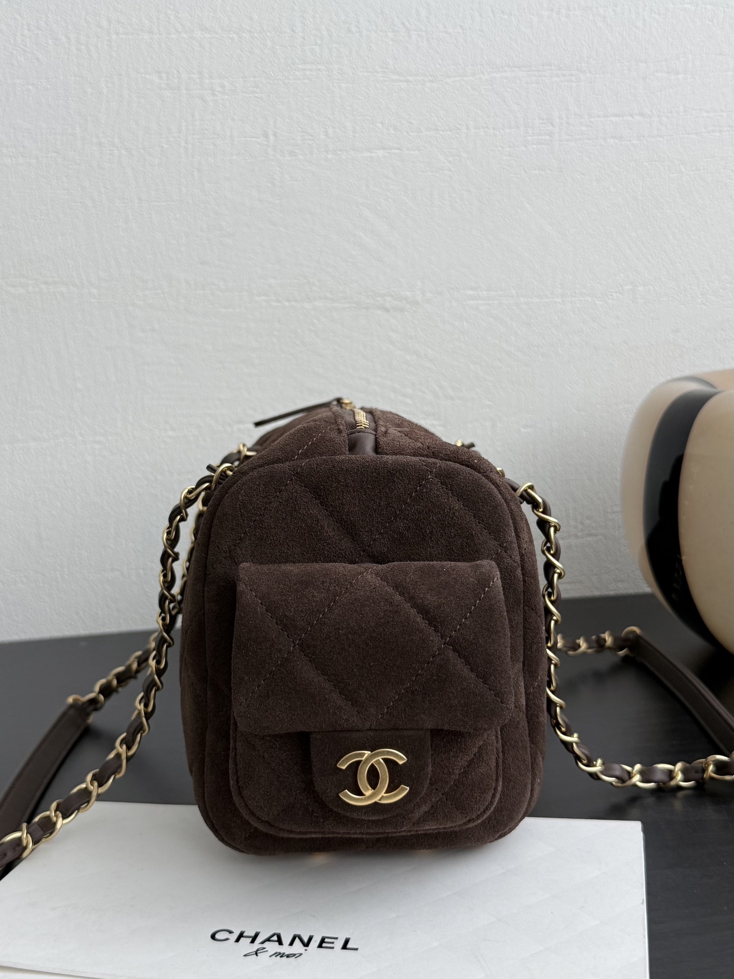 Chanel Small Bowling Bag Dark Brown Suede