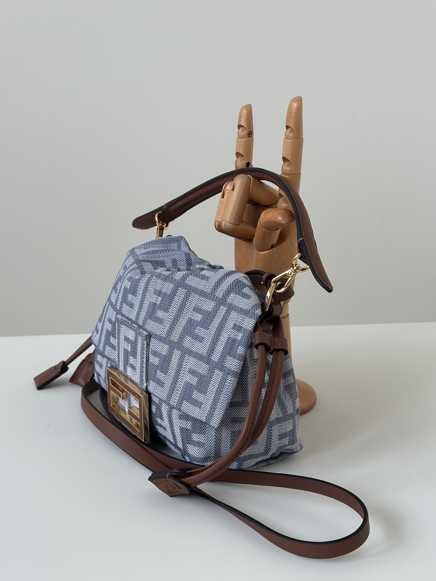 Fendi Mamma Baguette Small Blue denim-effect FF jacquard mini-bag