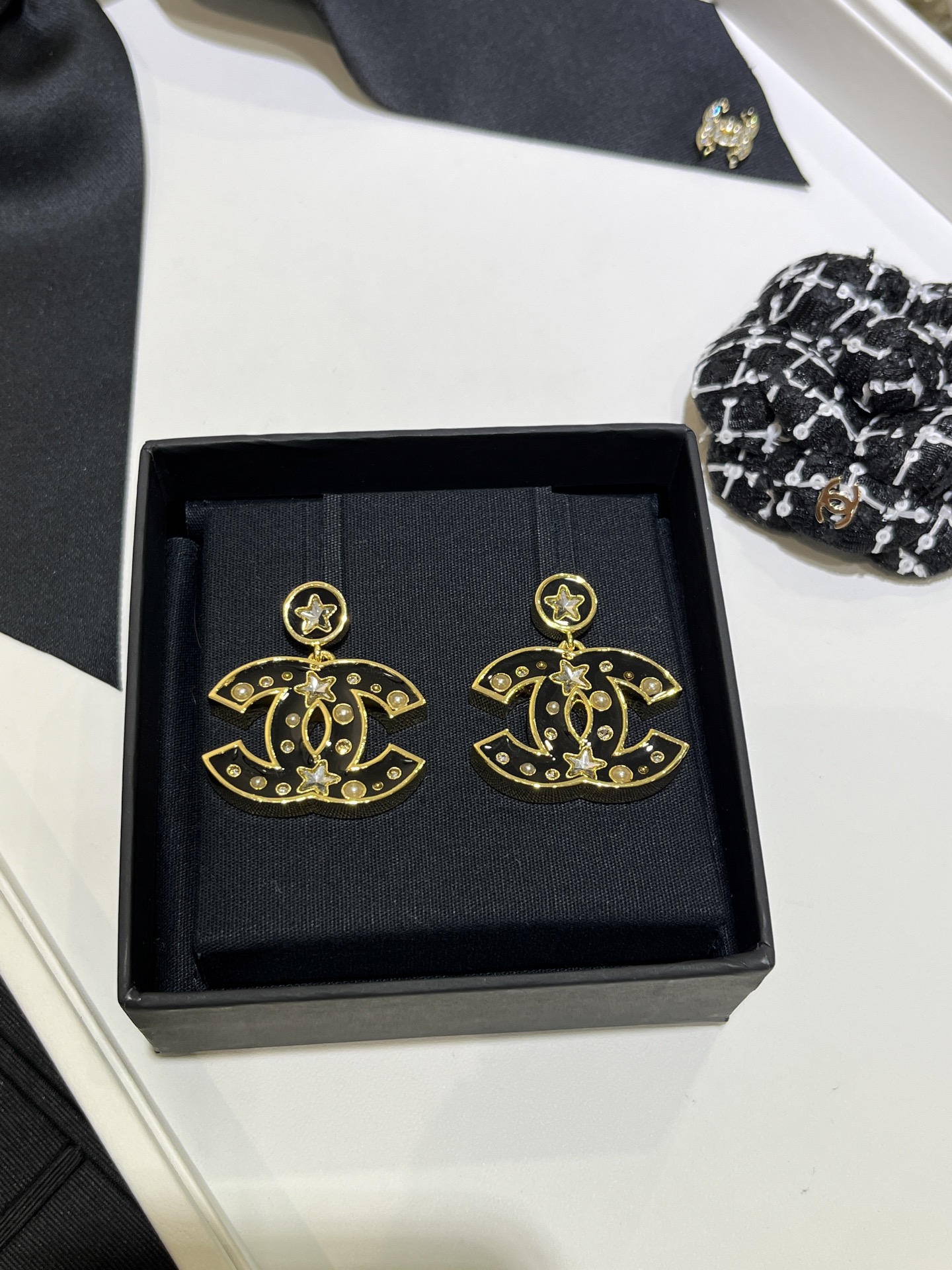 CHANEL Black Enamel Star Earrings