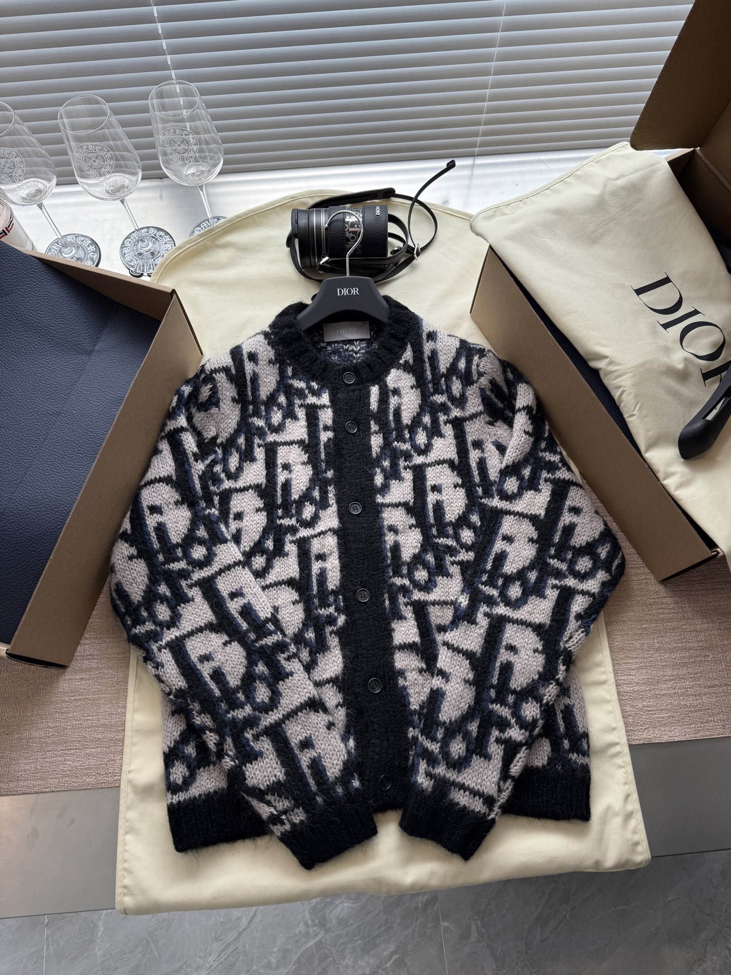 Dior Oblique Cardigan Blue Mohair and Wool Blend Knit