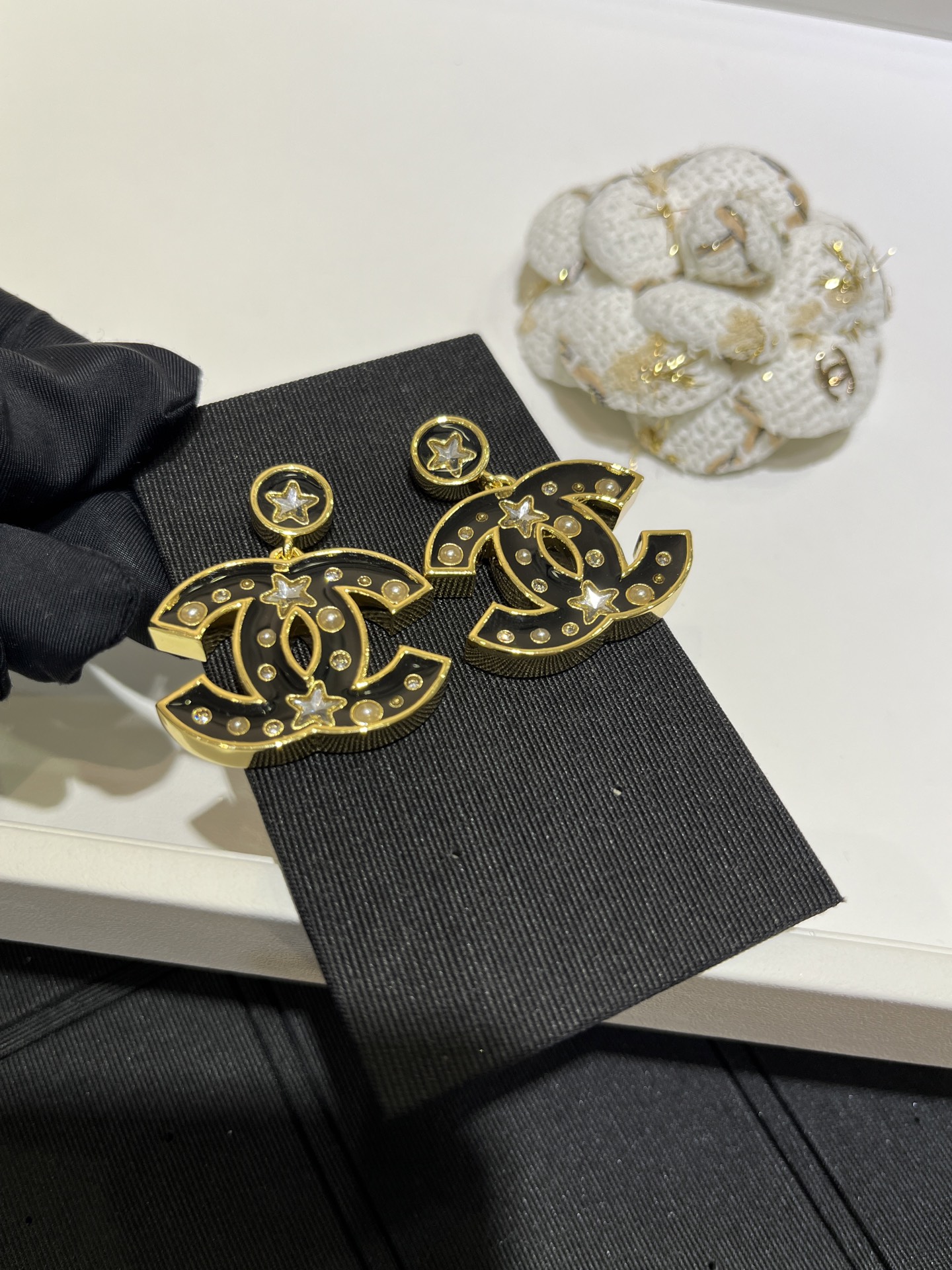 CHANEL Black Enamel Star Earrings