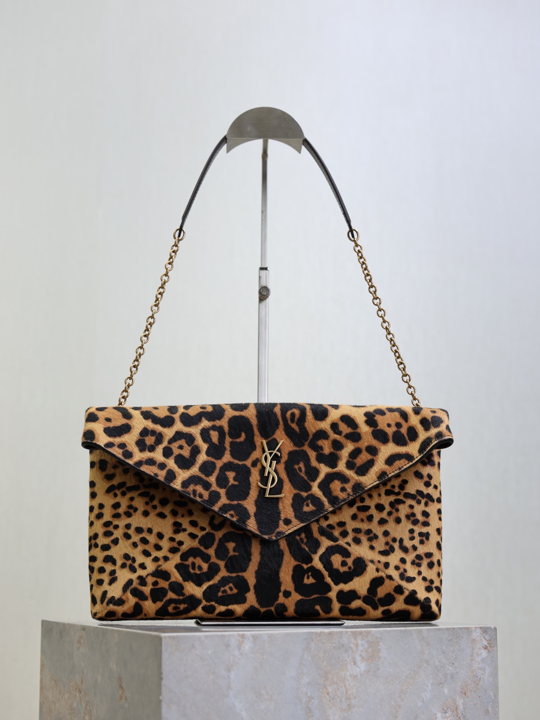SAINT LAURENT Cassandre leather-trimmed leopard-print calf hair shoulder bag