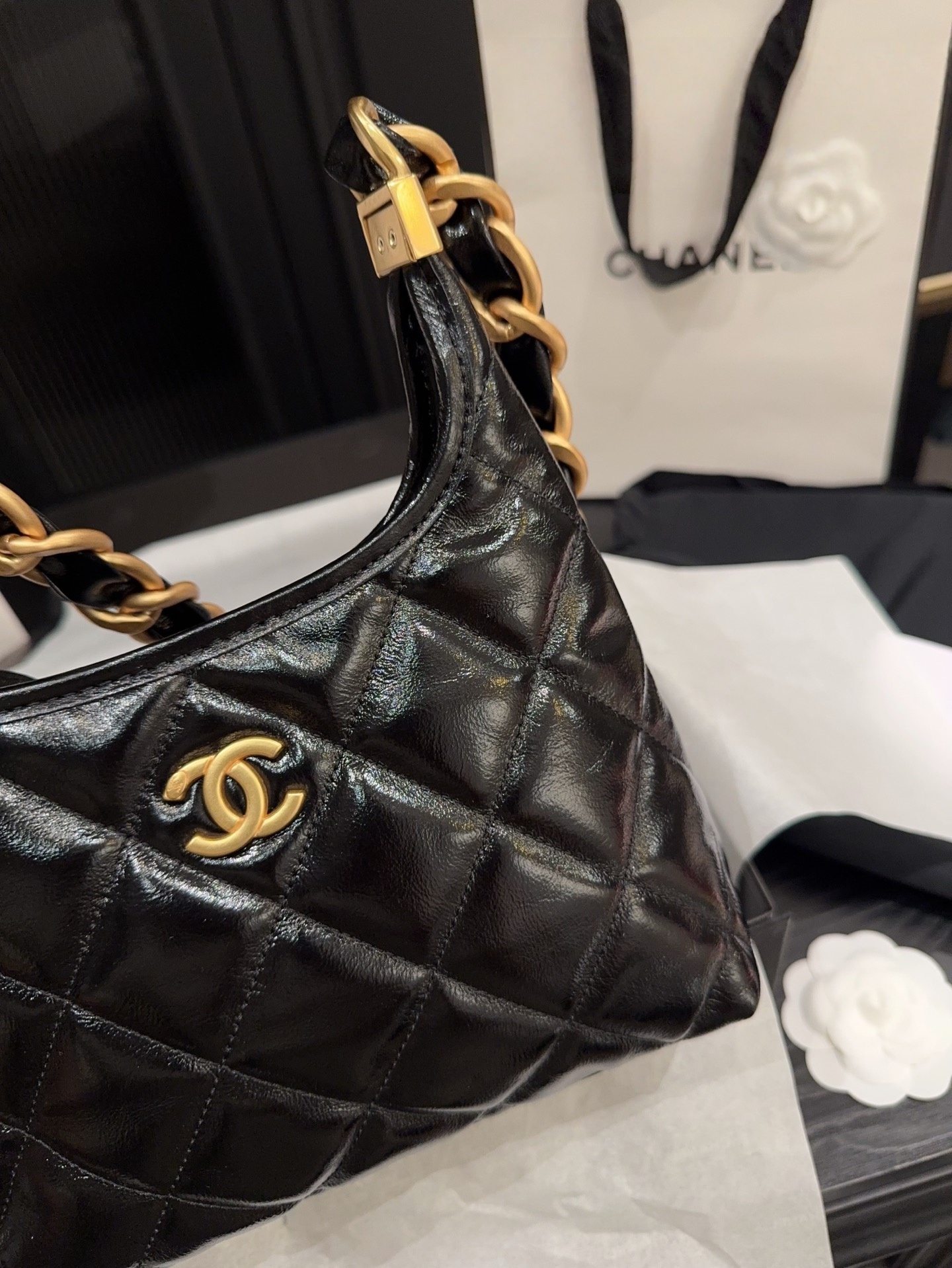 Chanel 24A Chain Hobo Bag Black