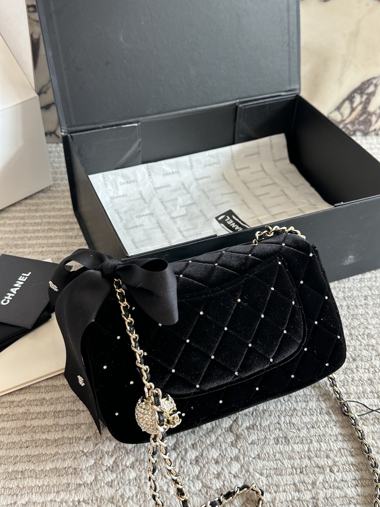 CHANEL Velvet Crystal-Ball Chain Flap Bag