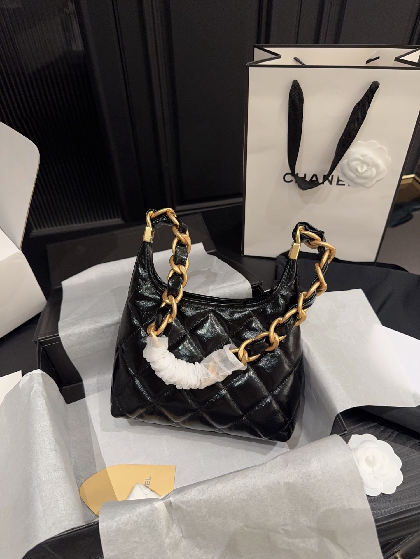 Chanel 24A Chain Hobo Bag Black
