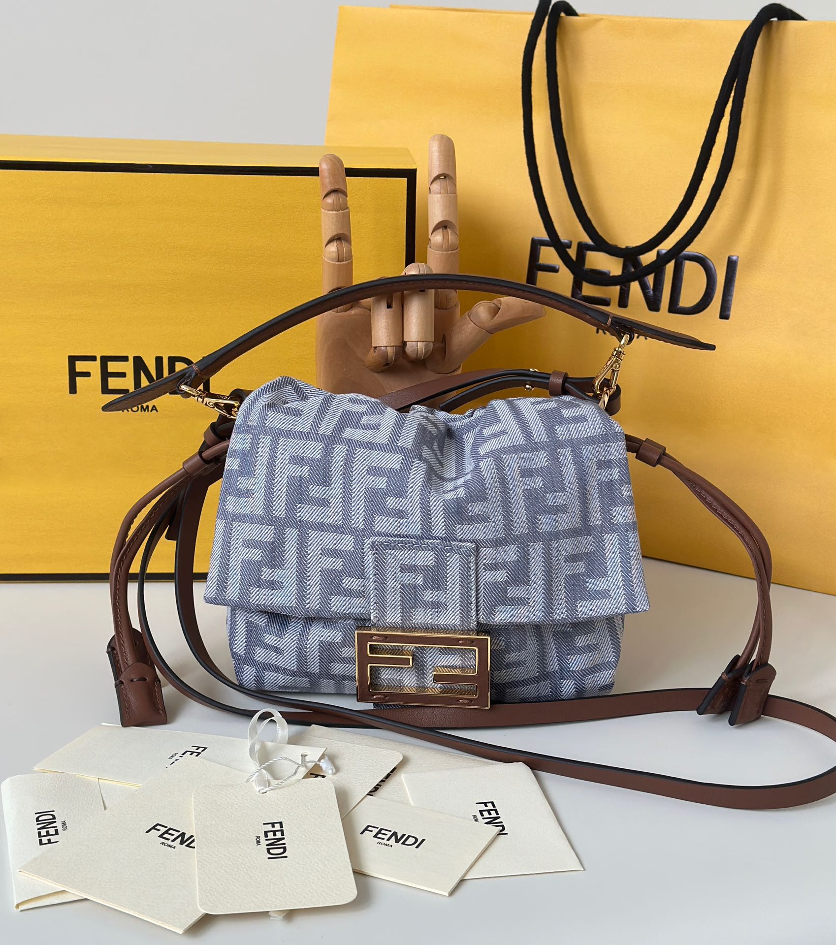 Fendi Mamma Baguette Small Blue denim-effect FF jacquard mini-bag