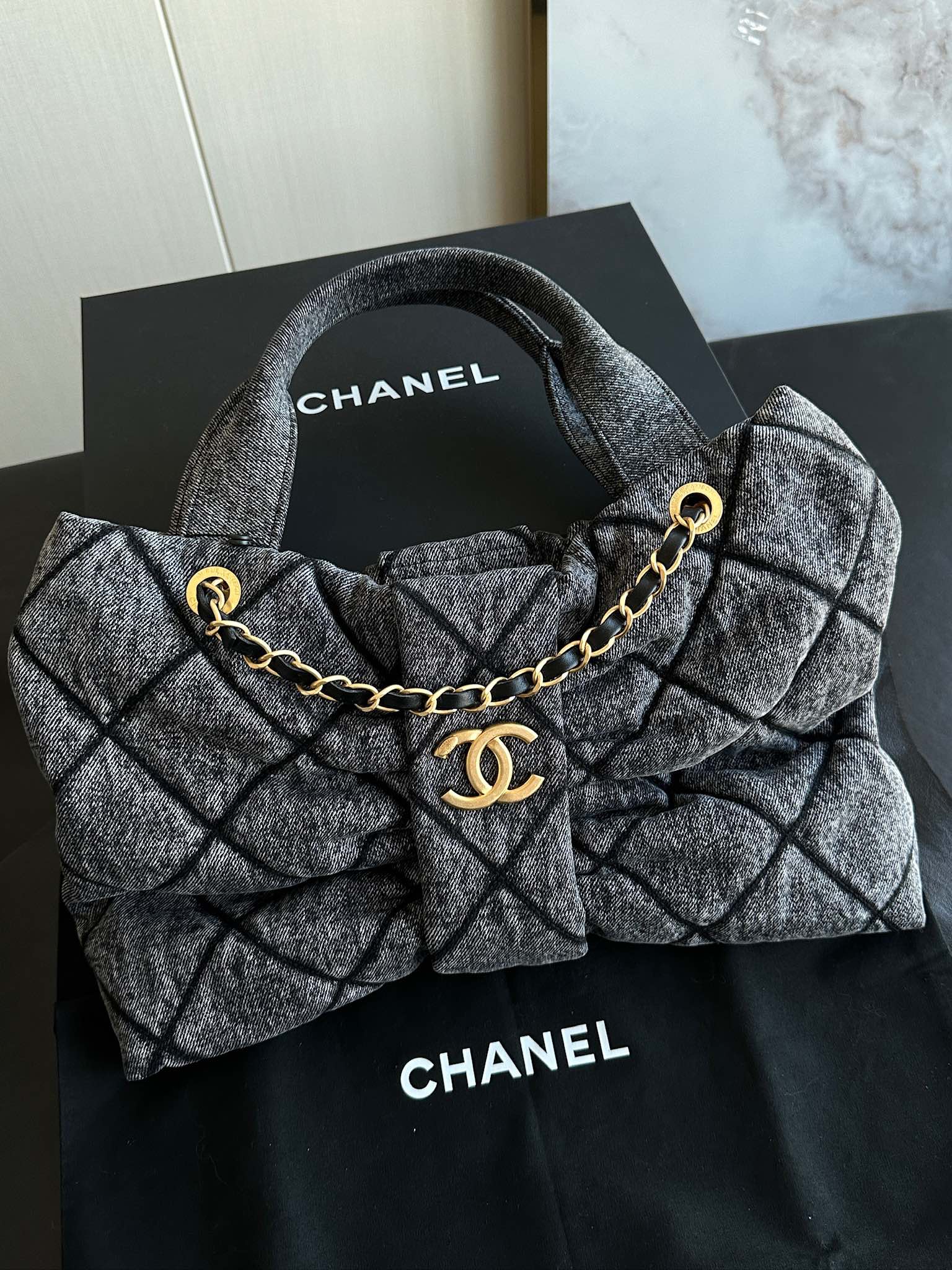 CHANEL Bow Bag Washed Denim & Gold-Tone Metal Black
