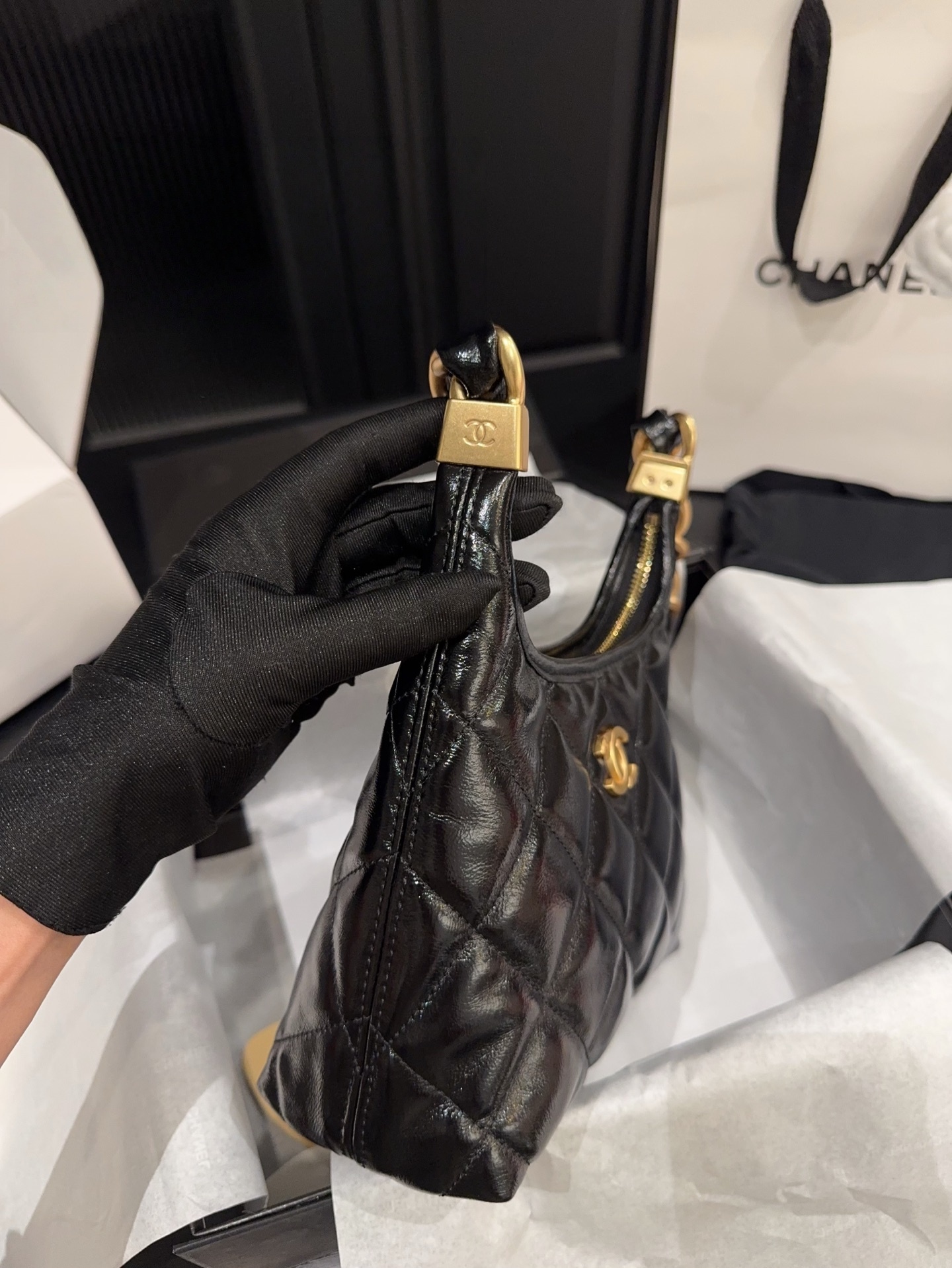 Chanel 24A Chain Hobo Bag Black