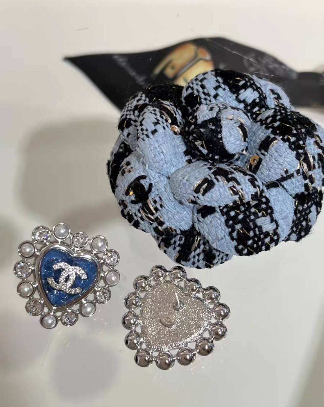 CHANEL 25P Silver Full Crystal Blue Heart Stud Earrings
