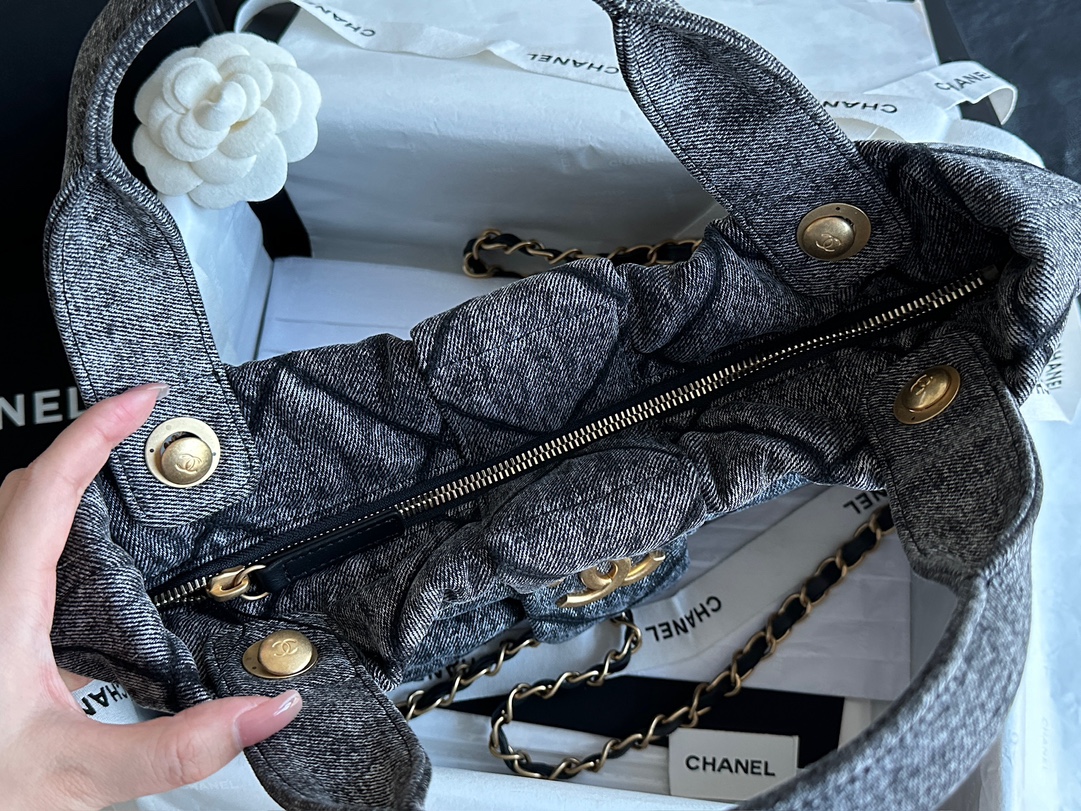 CHANEL Bow Bag Washed Denim & Gold-Tone Metal Black