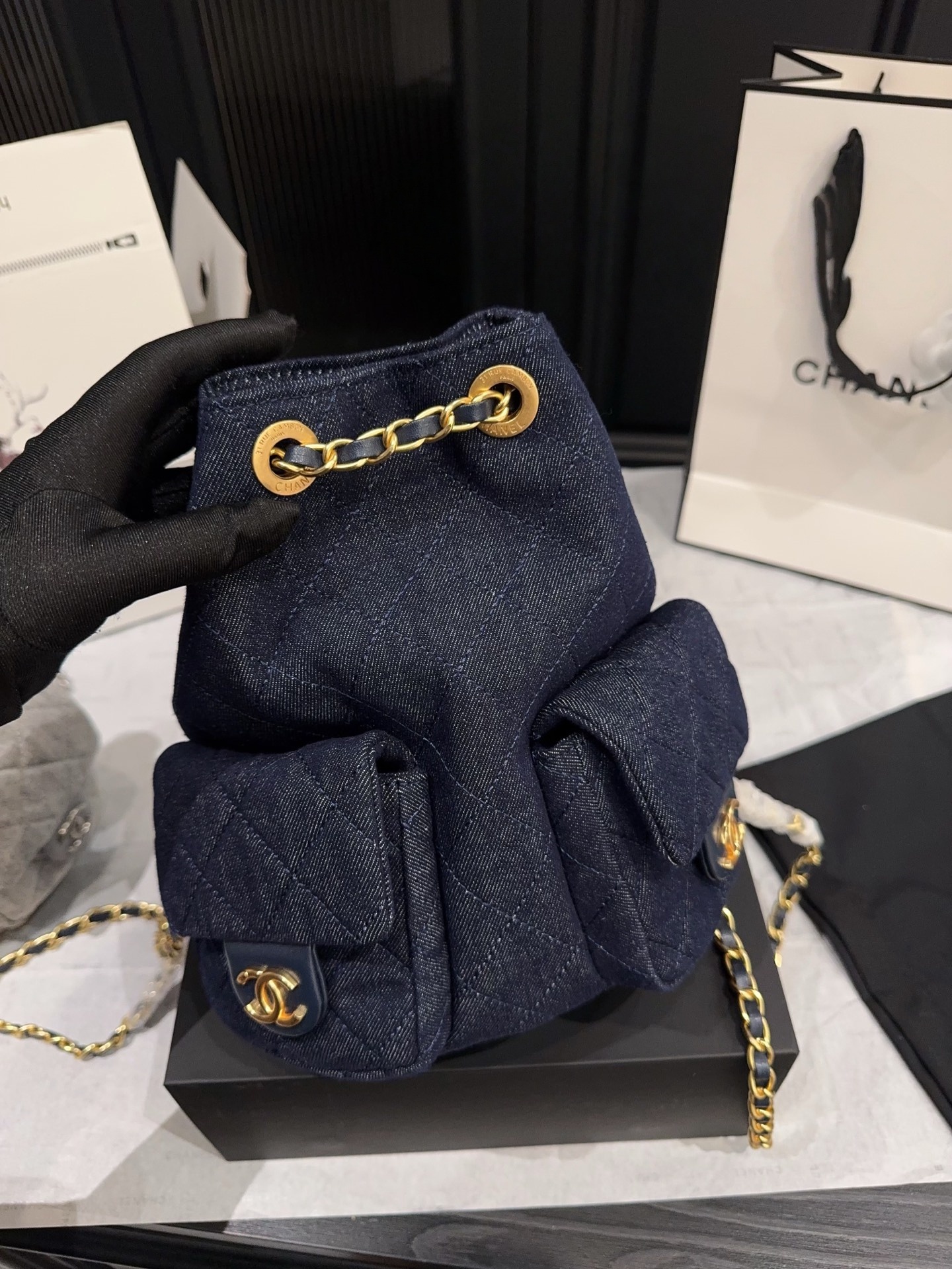 Chanel Leather Backpack Women's Dark Blue