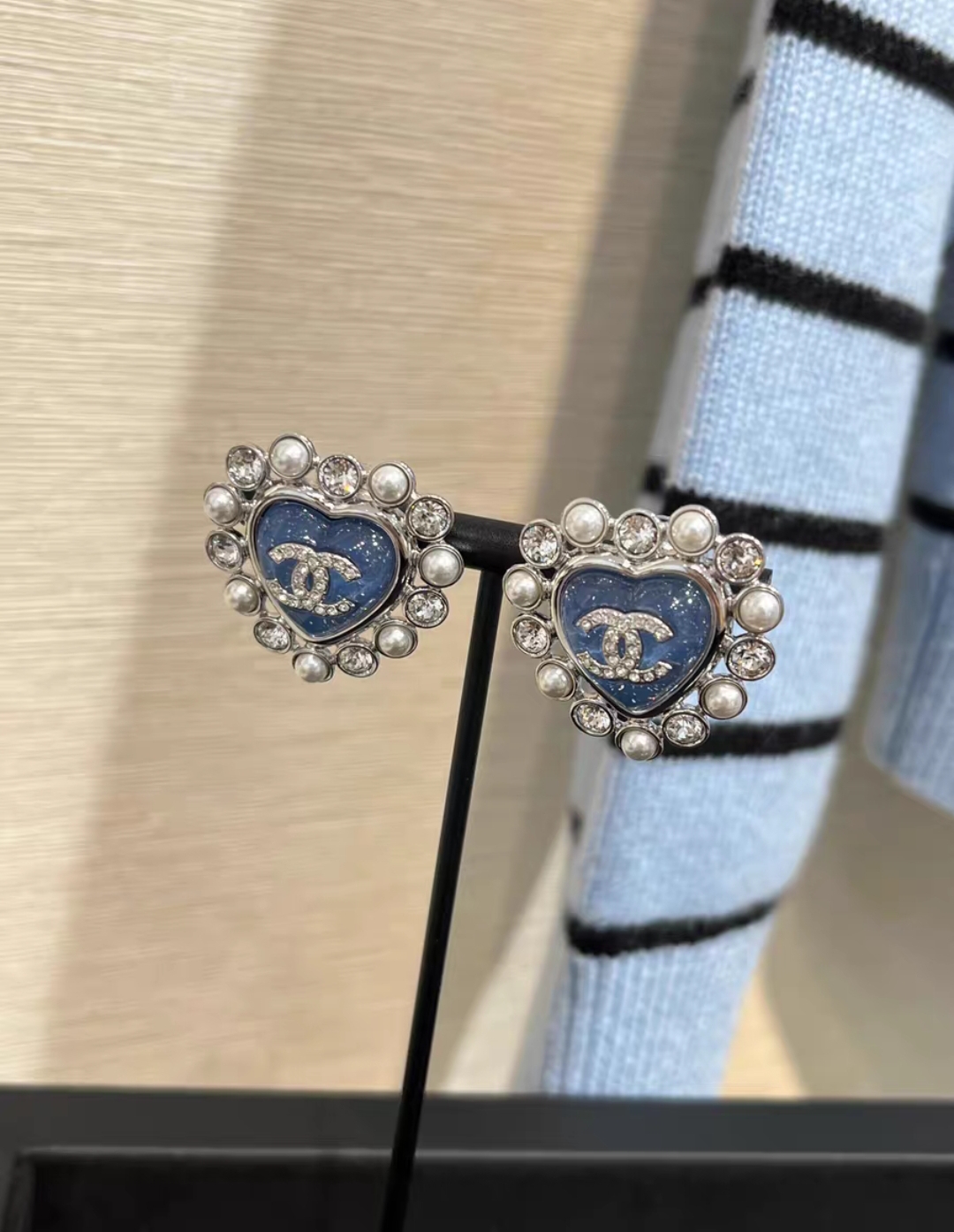 CHANEL 25P Silver Full Crystal Blue Heart Stud Earrings