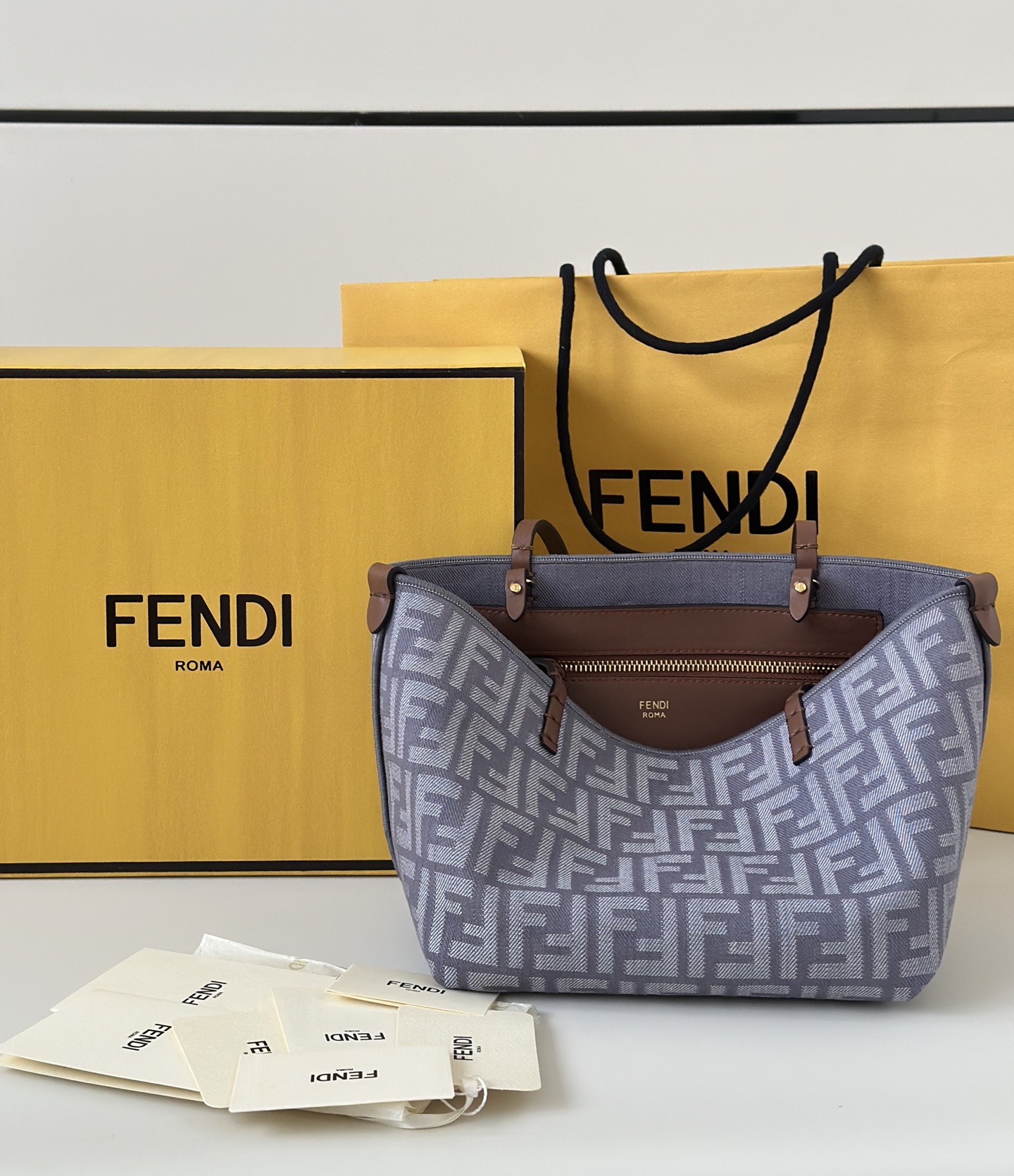 Fendi Small Roll Blue denim-effect FF jacquard reversible shopper