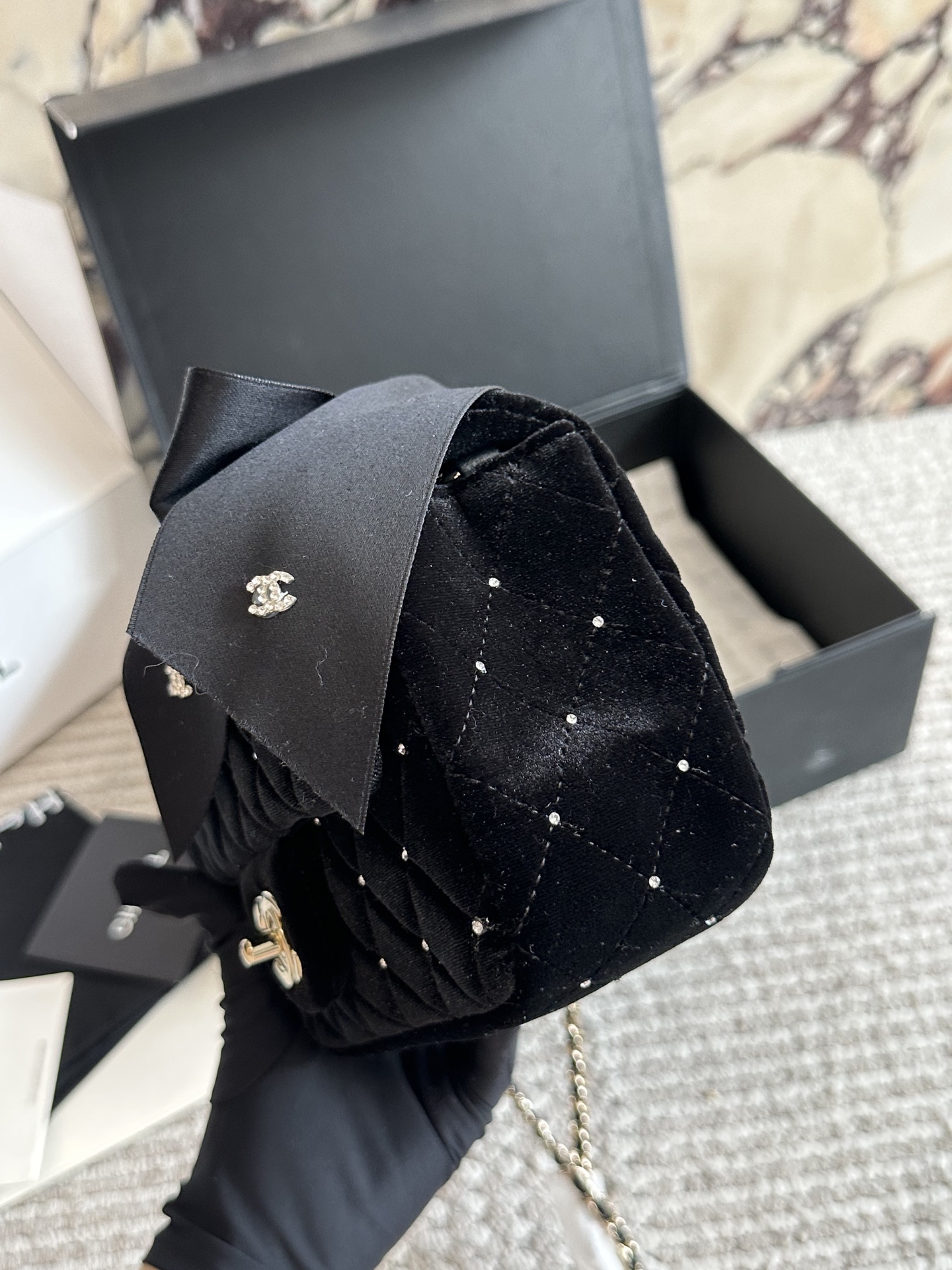 CHANEL Velvet Crystal-Ball Chain Flap Bag