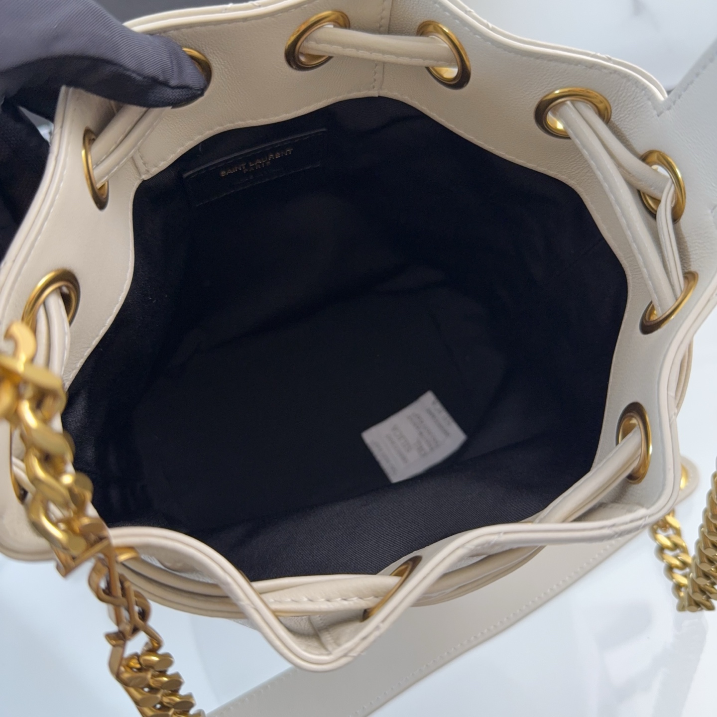 YSL Cassandre Bucket Bag In Lambskin 'Crema Soft'