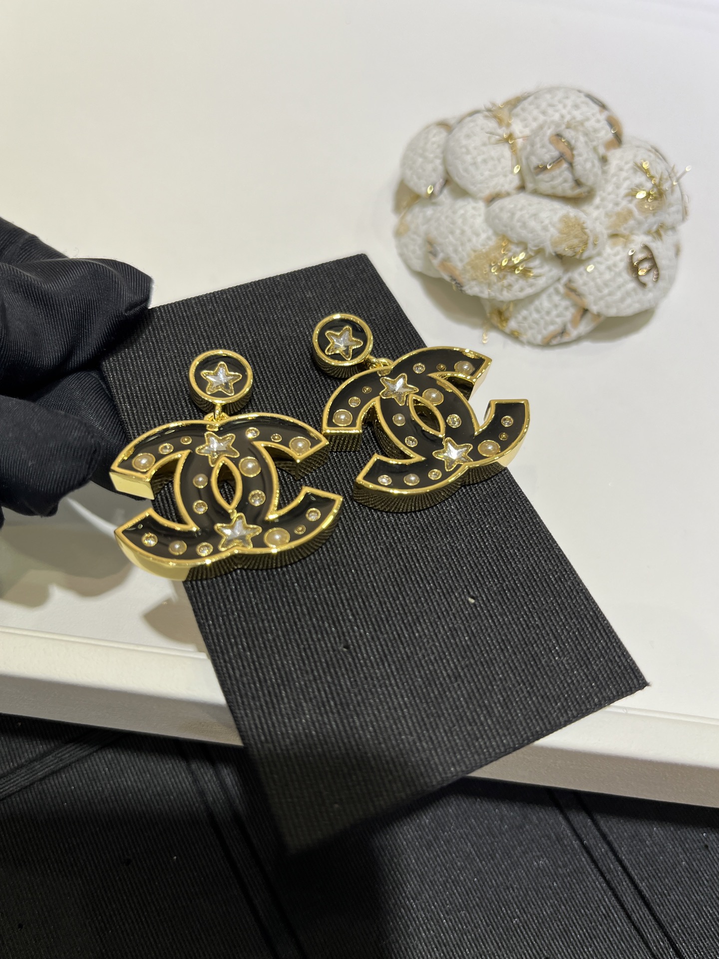 CHANEL Black Enamel Star Earrings