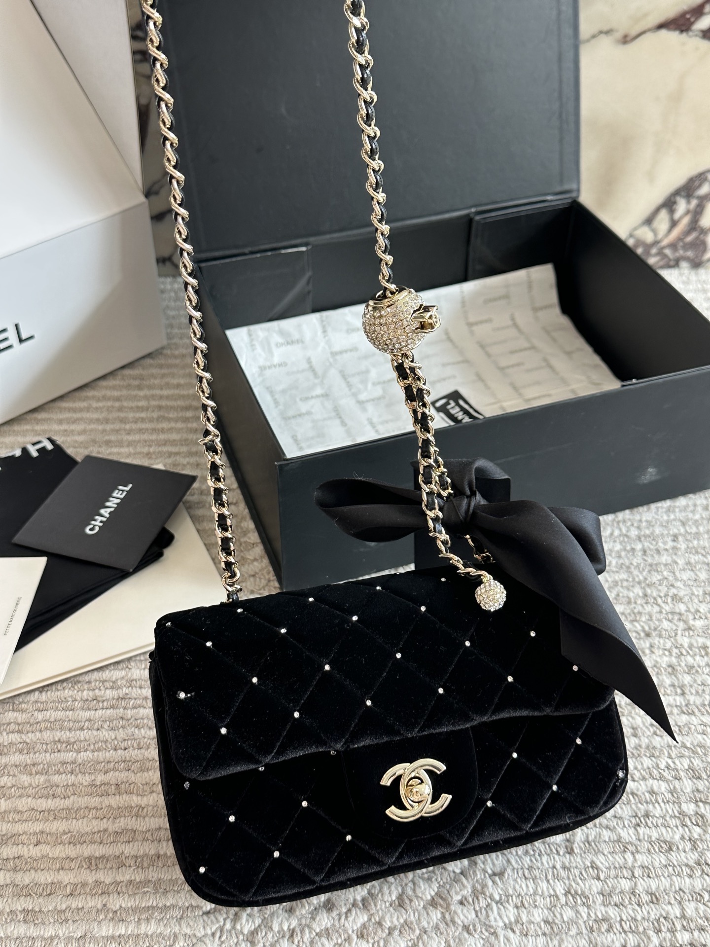 CHANEL Velvet Crystal-Ball Chain Flap Bag