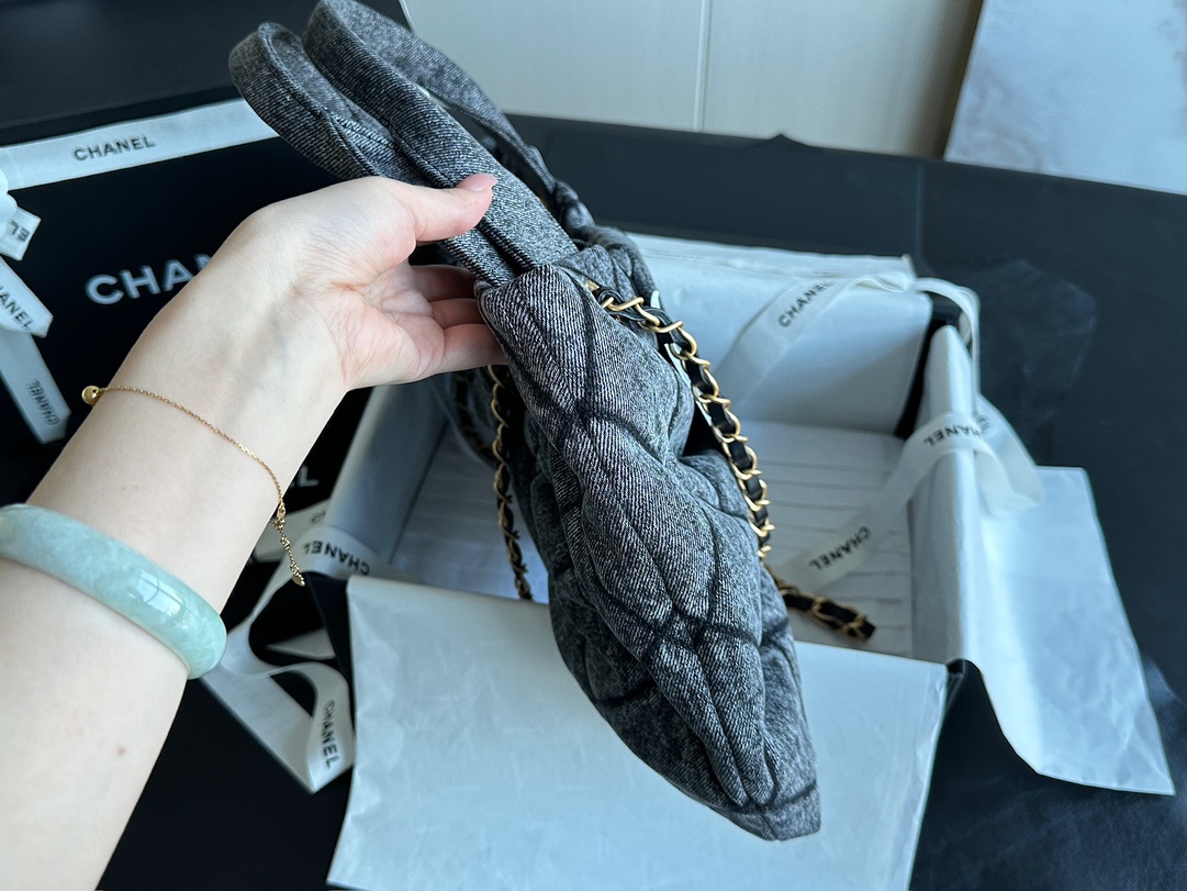 CHANEL Bow Bag Washed Denim & Gold-Tone Metal Black