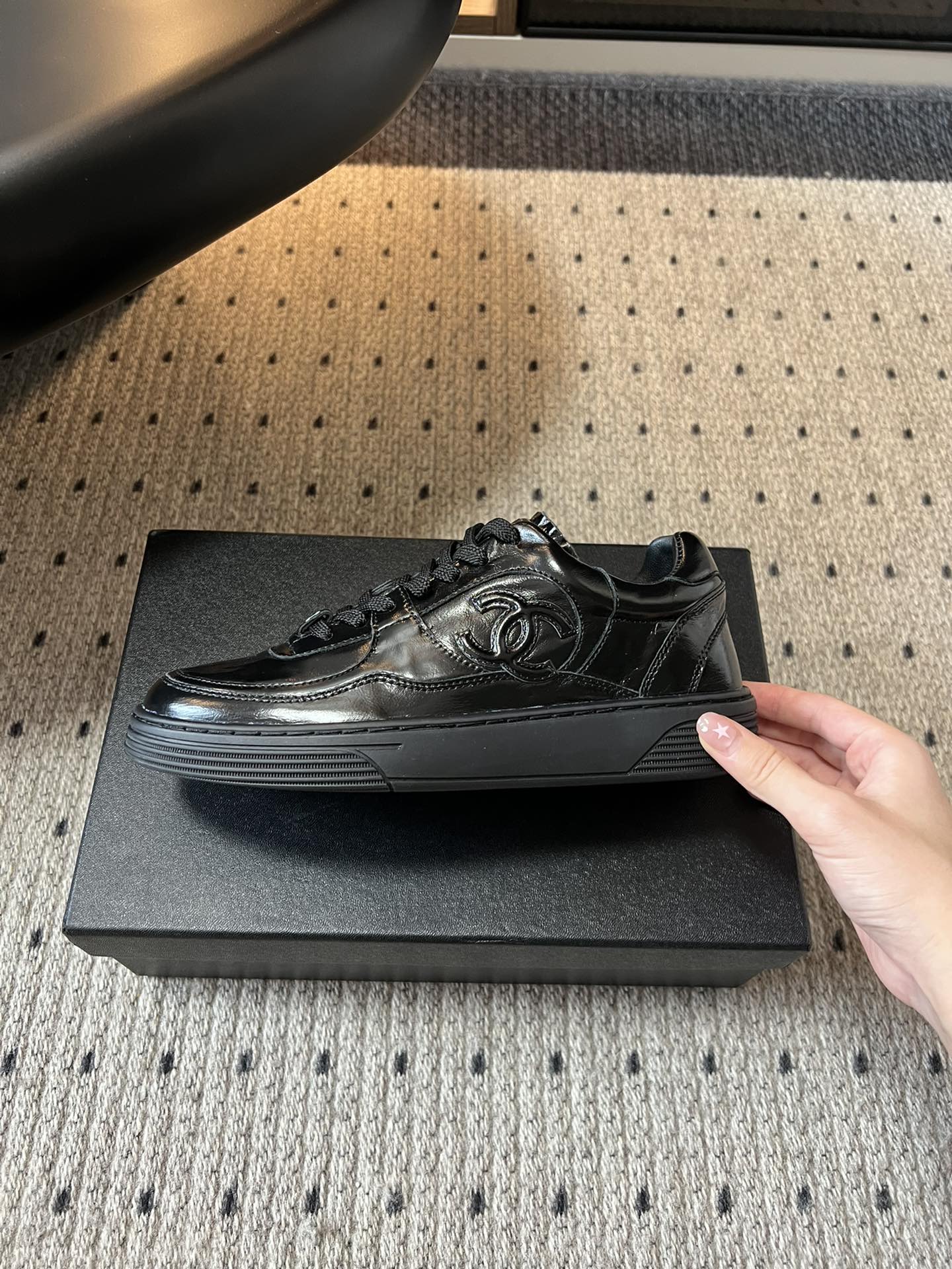 CHANEL Patent Leather Low-Top Trainers Black