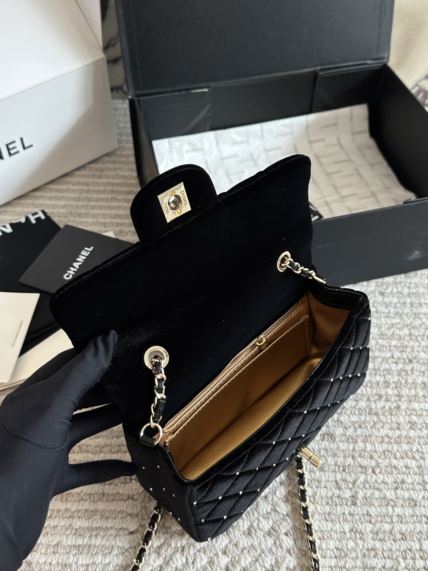 CHANEL Velvet Crystal-Ball Chain Flap Bag